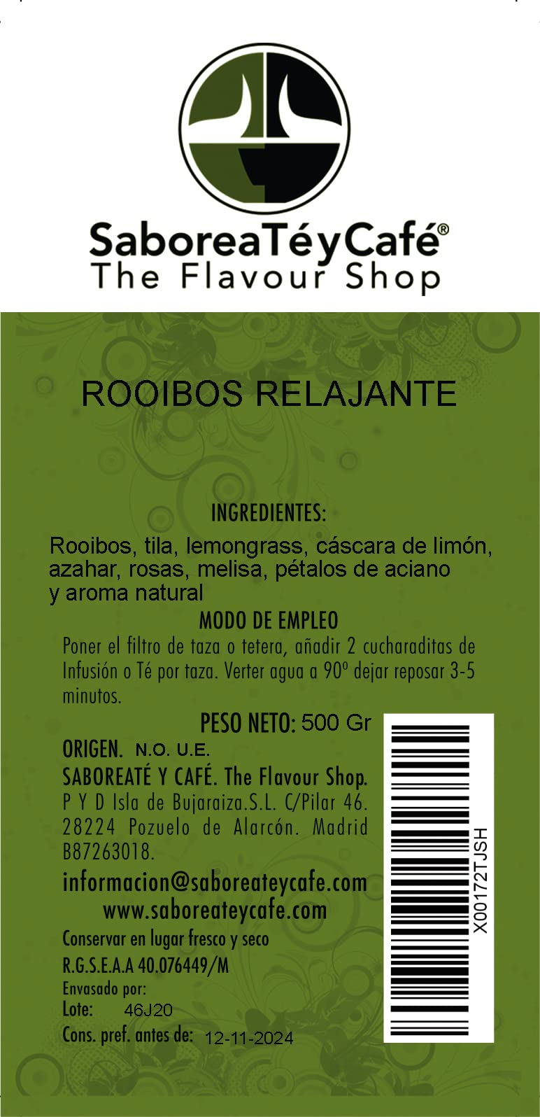 SABOREATE Y CAFE THE FLAVOUR SHOP Té Rooibos Relajante En Hoja Hebra A Granel Infusión Natural Adelgazante 500 gr