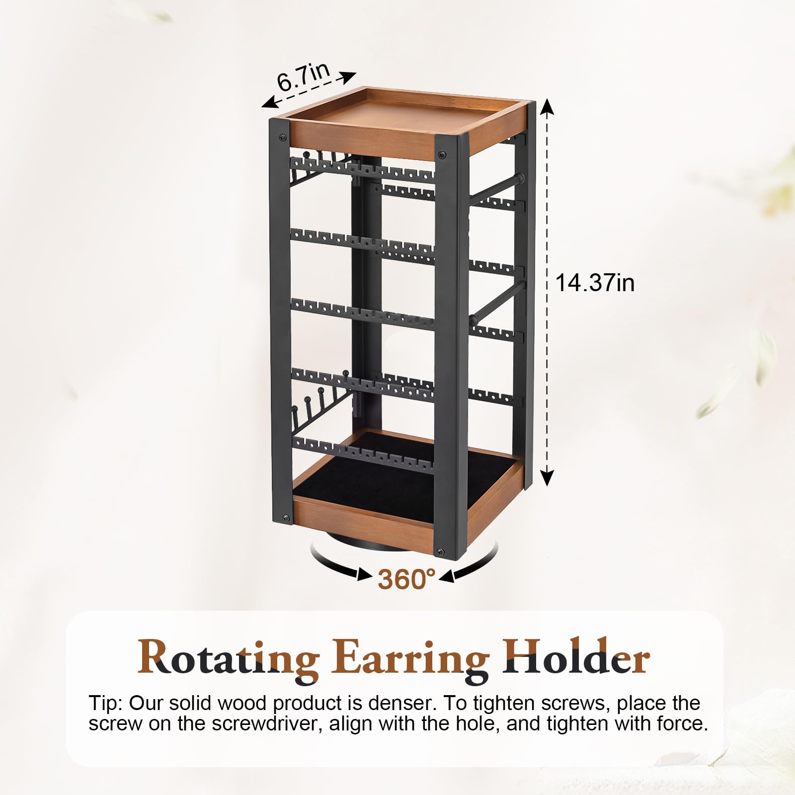 Rotating Jewelry Organizer - 360° Earring Holder With Ring Tray, Necklace & Bracelet Hooks, Stable Base Display