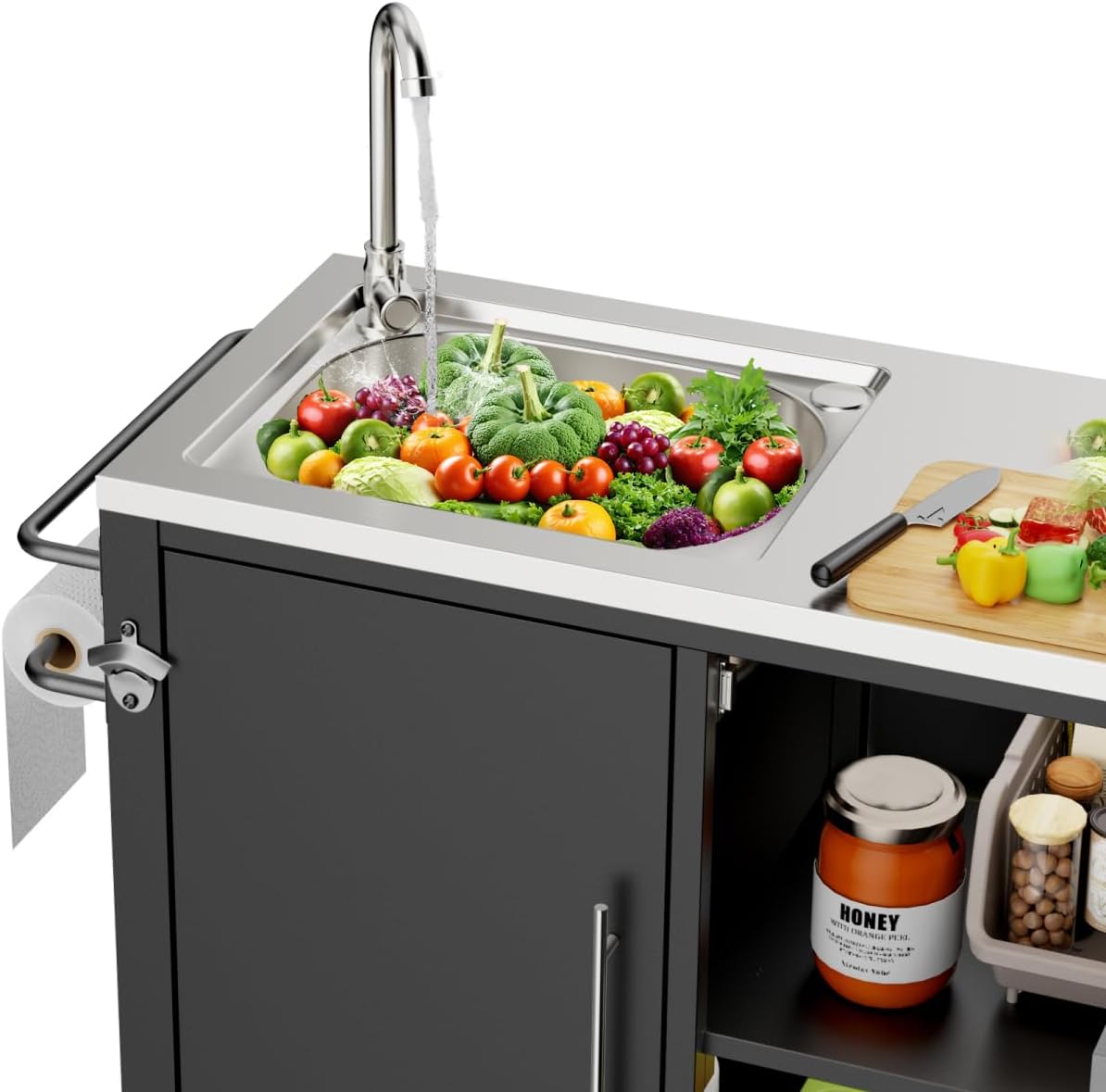 Outdoor Grill Table with Sink, Grill Cart with 304 Stainless Steel Sink and Cabinet, Outdoor Grill Cart,Outdoor Cart Sink Station with Wheels, L38 x W18 x H35