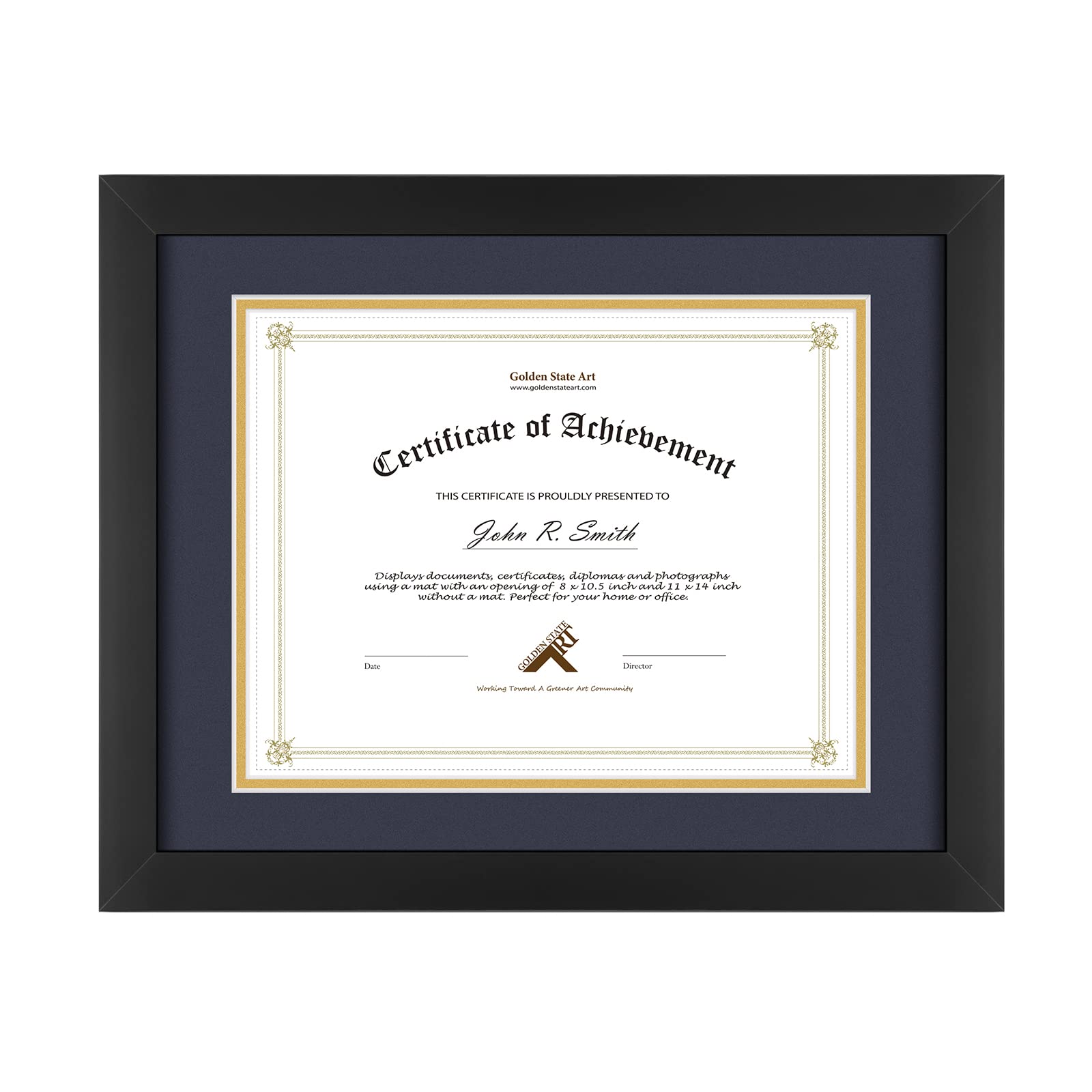 Golden State Art, 11x14 Diploma Frame for 8.5x11 Document & Certificates with Mat, Or 11x14 Without Mat, Real Glass, Double Mat (Black with Navy/Gold Mat, 1 Pack, Solid Wood)