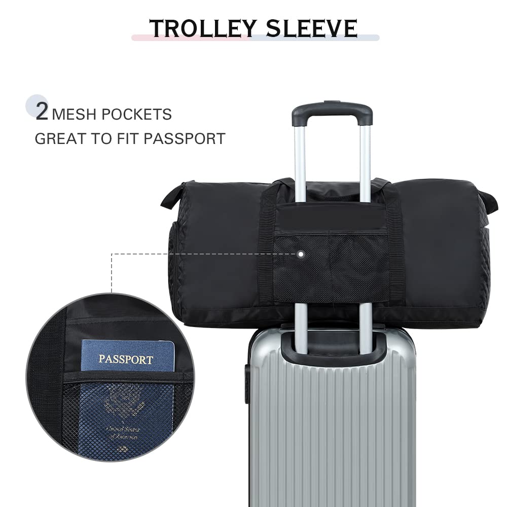 Lekesky Borsa da viaggio da donna pieghevole Weekender borsa sportiva con scomparto per scarpe, borsa impermeabile per bagagli a mano, Nero, 80L