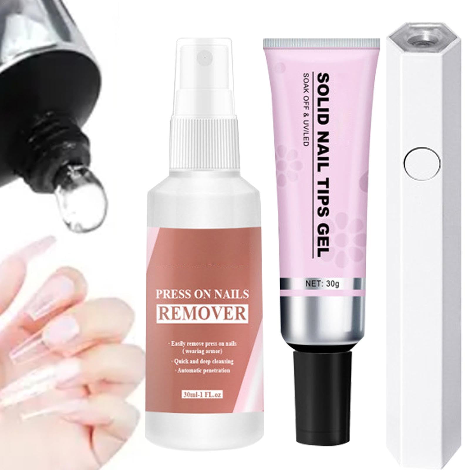 Colla per Unghie Finte Gel, Solida, Lunga Durata 30+ Giorni, Pacchetto Professionale per Salone, Con Luce UV, Clear