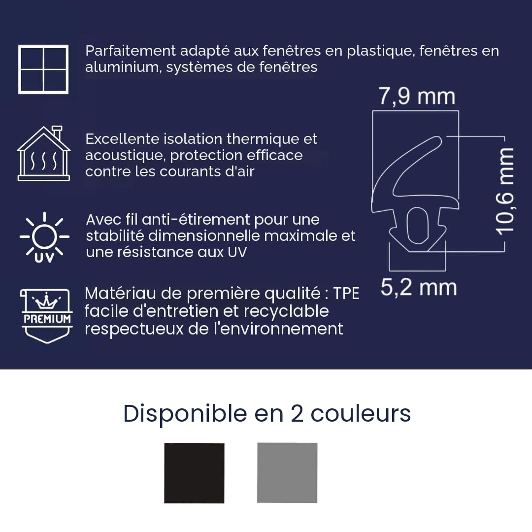 Joint de fenêtre pour systèmes de fenêtre - Joint de vitrage pour l'extérieur et l'intérieur - Fenêtre en plastique et aluminium - Gris - 25 m