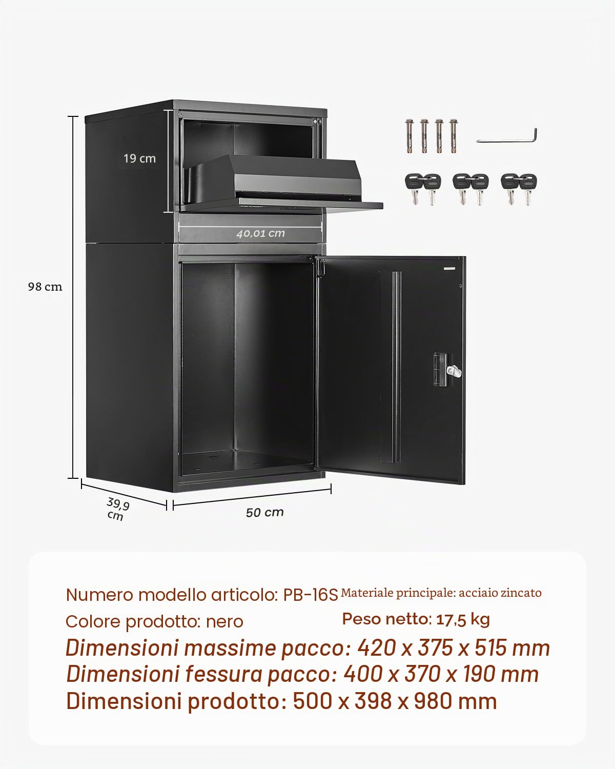 VEVOR Scatole per Consegna dei Pacchi per Esterni, Cassetta Postale da 980 mm per Pacchi con Serratura, Cassetta Postale in Acciaio Zincato con Design Antifurto, per Casa e Ufficio, Nero