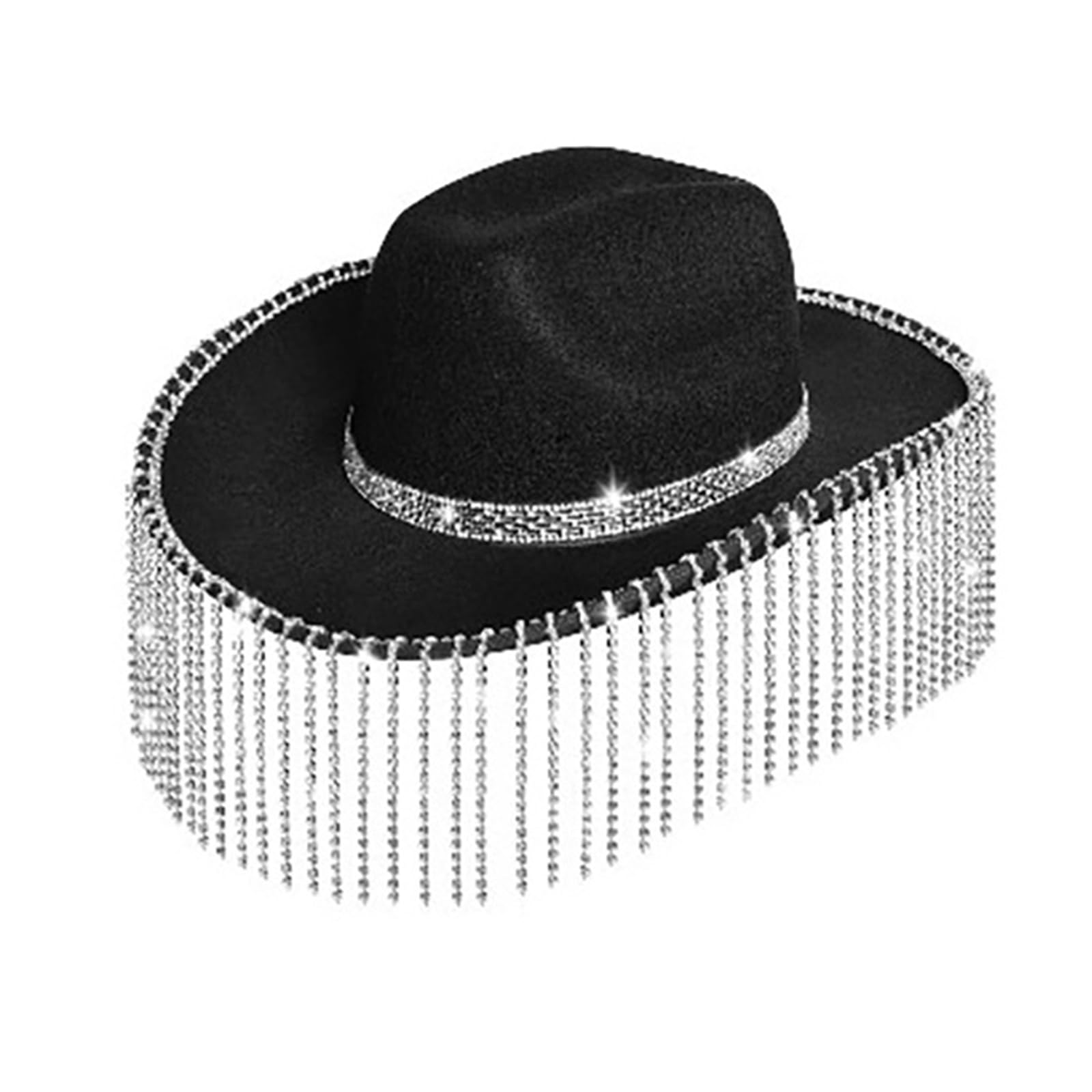 Dsgzkk Hat,Black Cowboy Hat for Womens, with Glitter Rhinestones Fringe Cowboy Hat, Cowgirl Hat for Bachelorette Parties