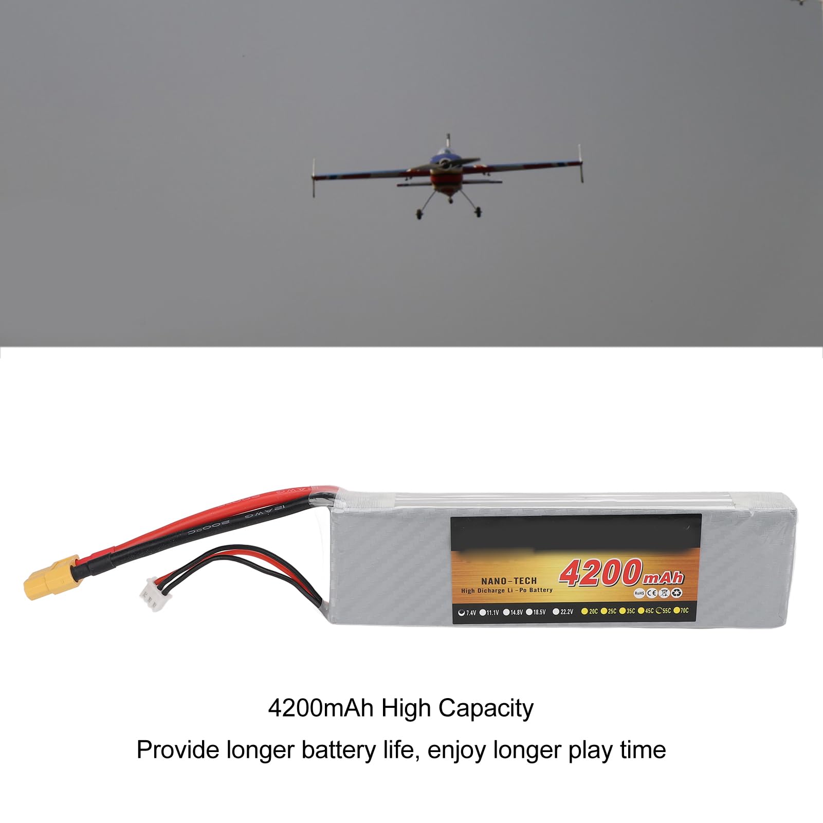 Batteria al litio RC, realizzata con custodia rigida, 7,4 V 2S 4200 MAH 55 C Lipo Batteria per RC Auto Aereo Elicottero Drone Usw