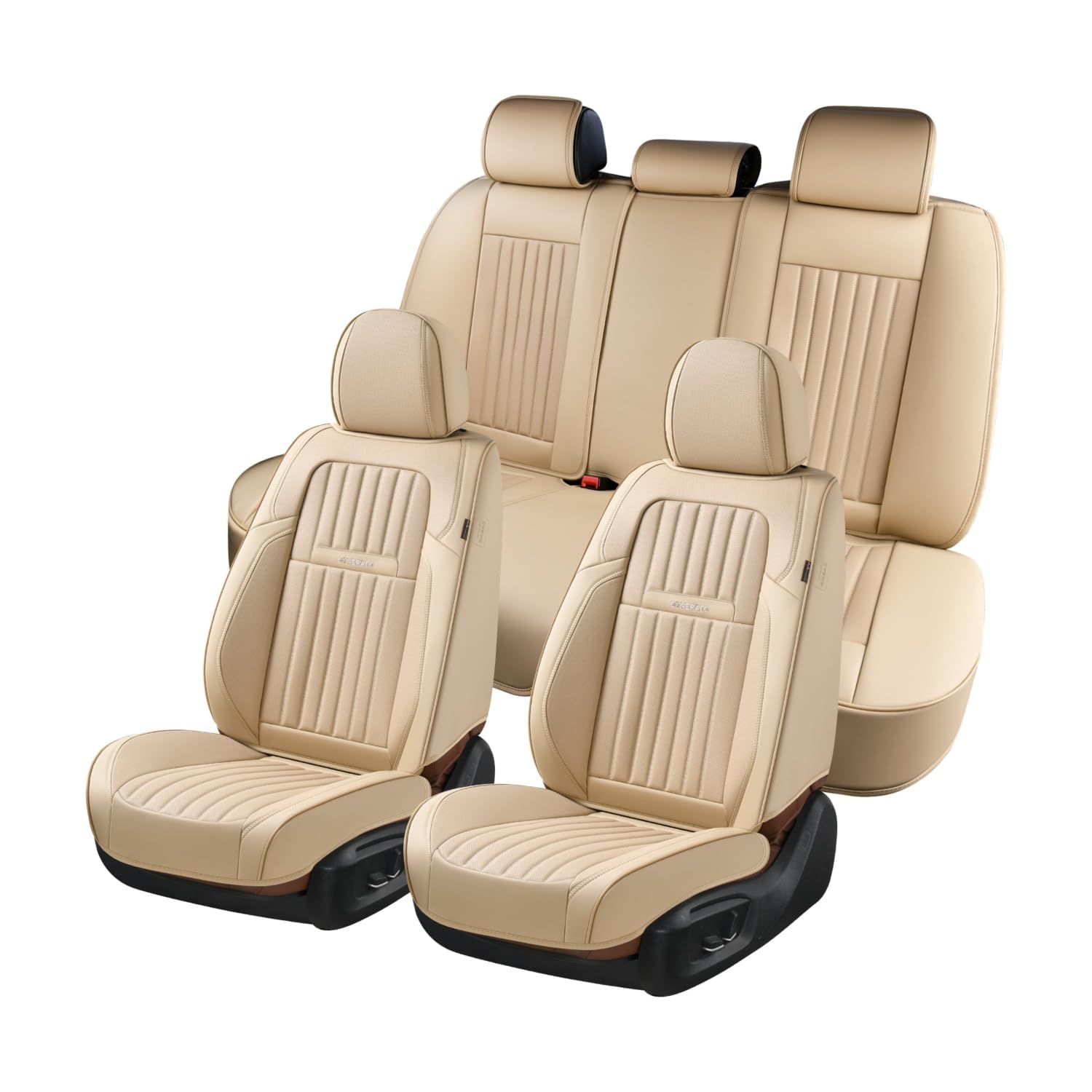 Coverado Front and Back Seat Covers for Cars, Nappa Leather Car Seat Covers, Automotive Seat Covers for Trucks, 5 Seats Waterproof Carseat Protector Car Seat Cover Beige, Universal Fit for Most Cars