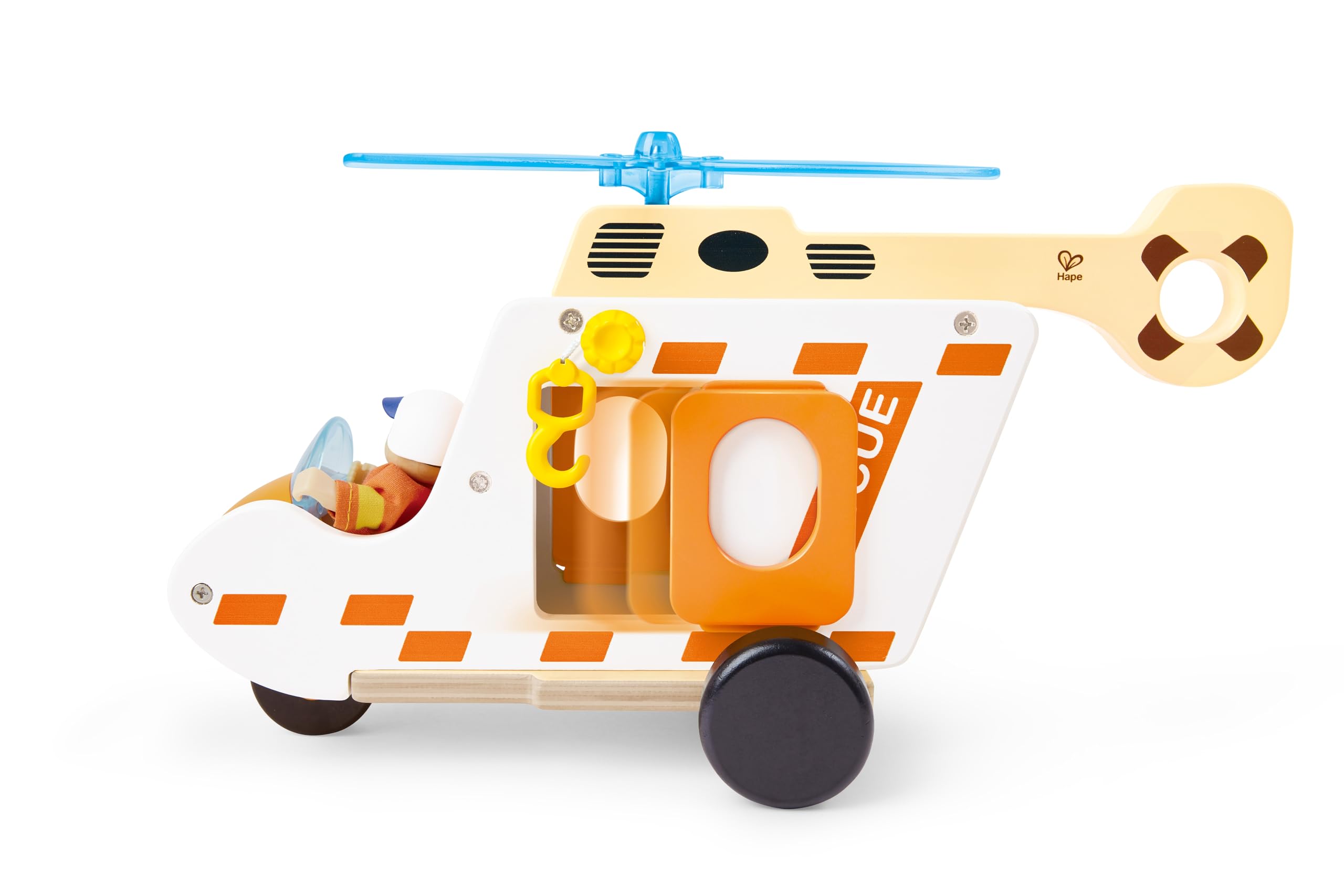 Hape Zestaw helikopterów ratunkowych, z drewna, z figurką i nosidełkiem, zabawkowy helikopter, zabawka dla małych ratowników życia, wytrzymała drewniana zabawka, dla dzieci od 2 lat