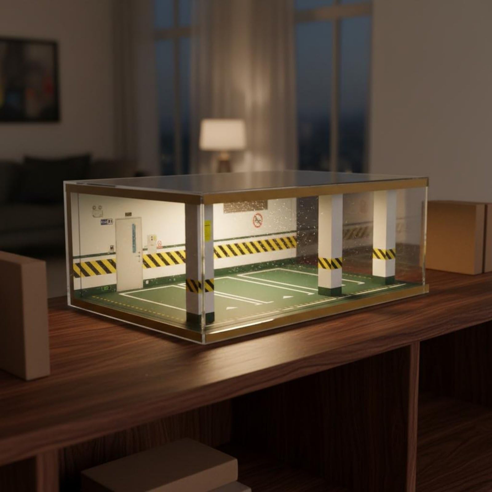 Harilla Car Garage 1 24 Maßstab Parkhaus Diorama Vitrine Modellauto Display Vitrinenkasten Präsentationsgehäuse Beleuchtung Holz Gestell Acryl Abdeckung