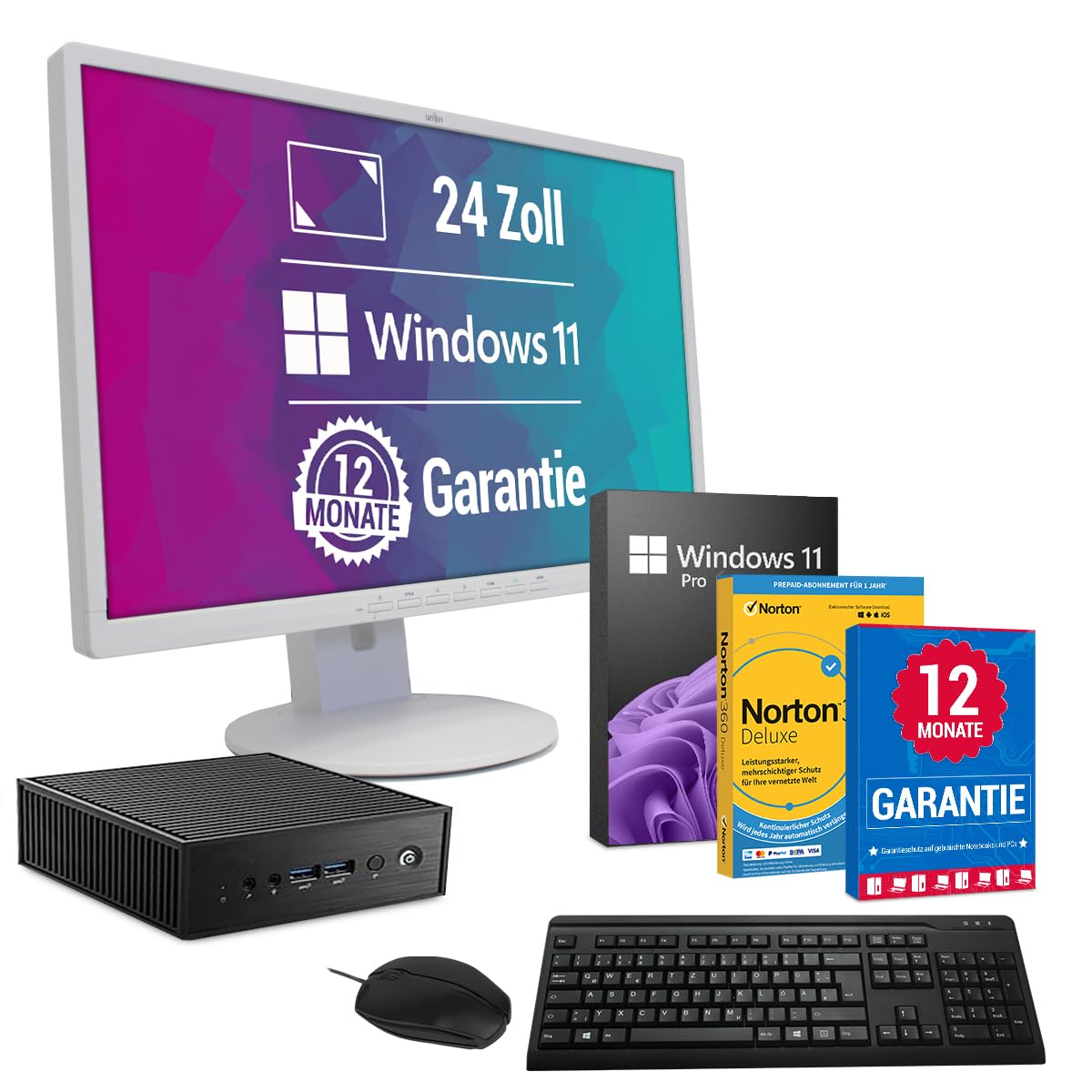 All-in-One Paket - Komplett Mini PC - Intel Core i5 Computer ■8 GB DDR4 RAM ■256 GB SSD Speicher ■Windows 11 Pro ►24 Zoll HD+ Monitor ►USB Maus & Tastatur ►WiFi & Bluetooth