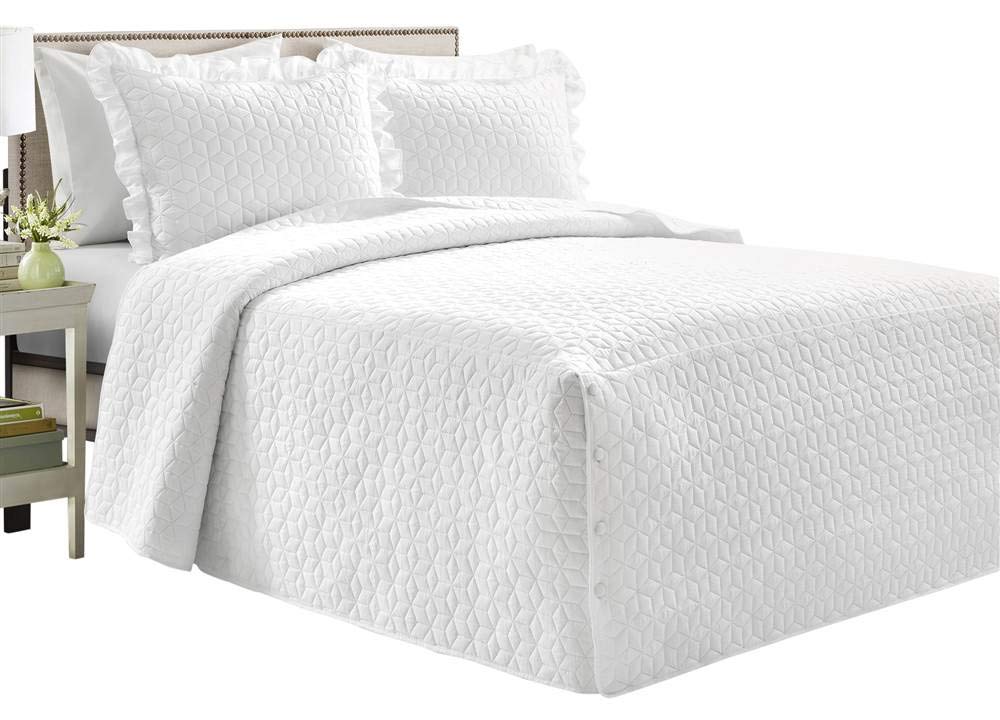 Colcha King blanca con falda de 3 piezas de diseño geométrico francés
