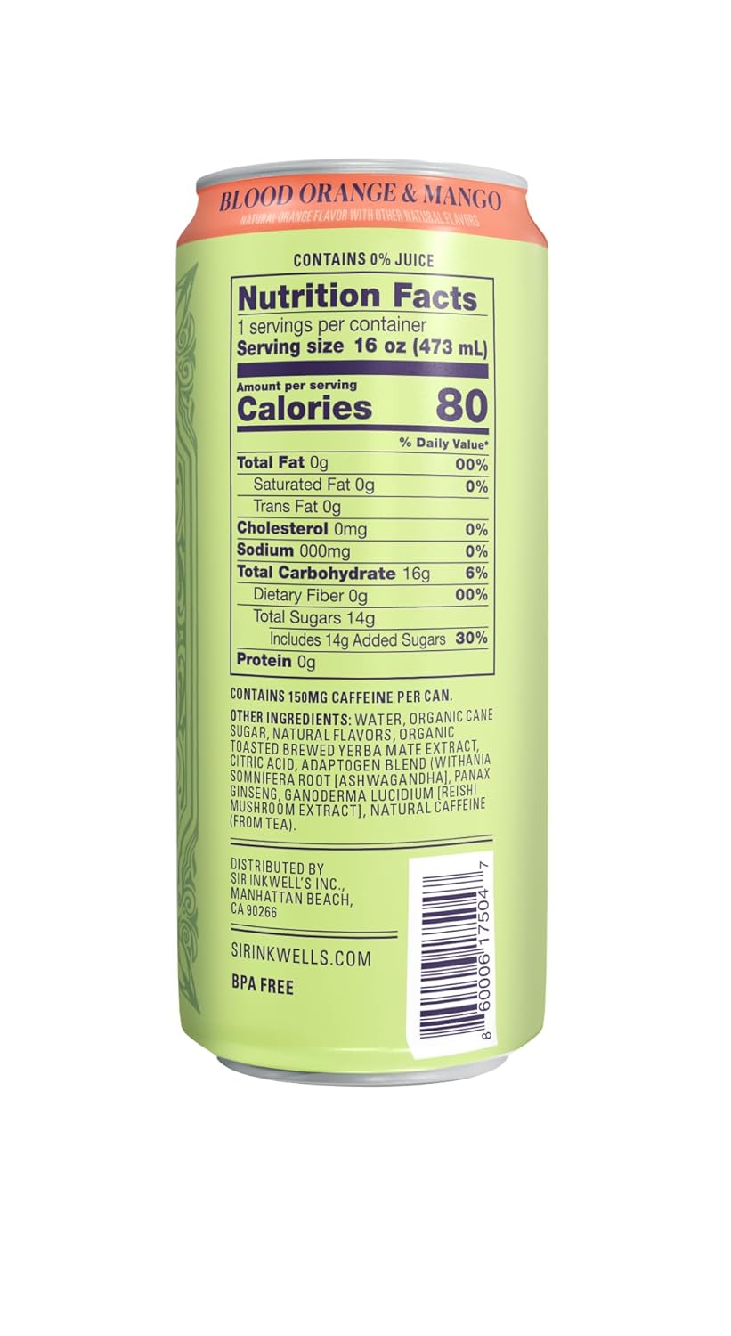 SIR INKWELL'S Adaptogen Yerba Mate | Healthful Energy + Productivity 150 mg Organic Caffeine | 300mg Ashwagandha Reishi Ginseng | Non-GMO Certified | Blood Orange & Mango 16oz 12pk