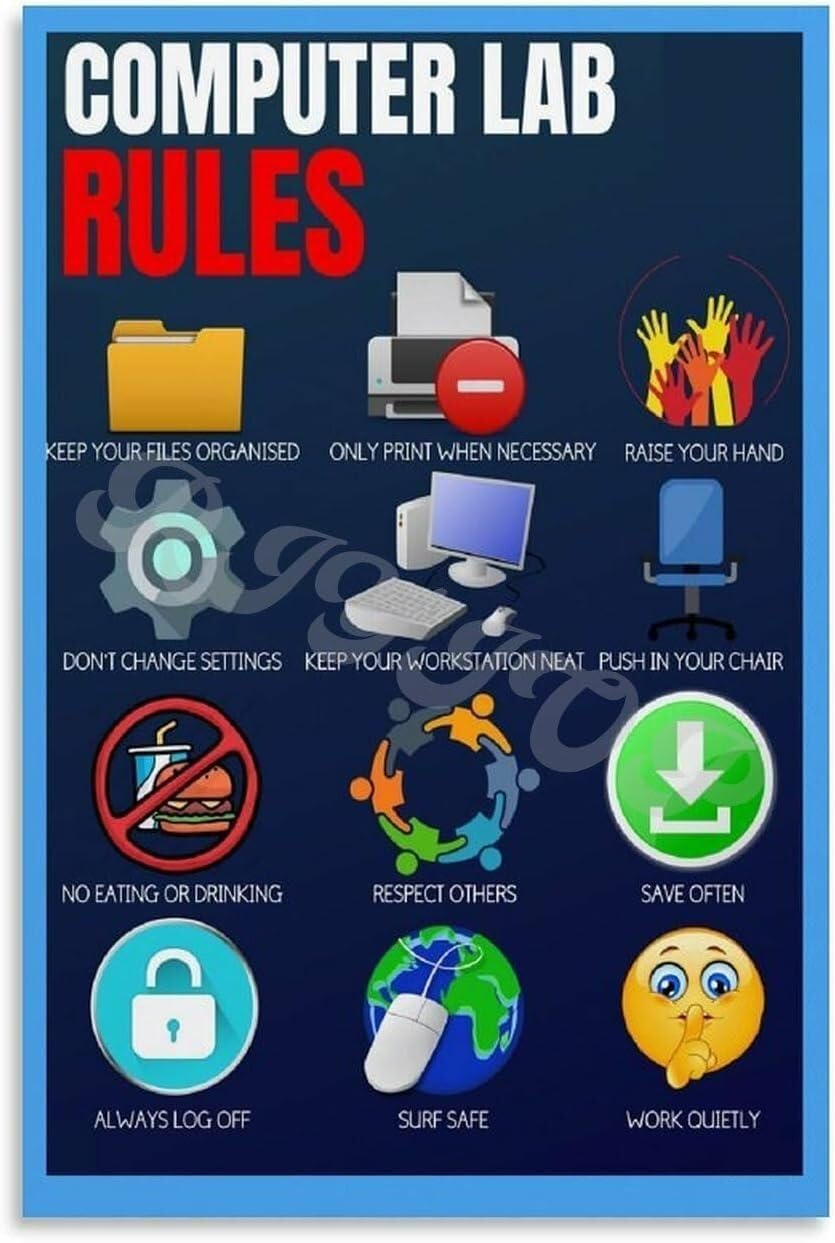 MDBJTCYZN Classroom Rules Poster Computer Etiquette Sign Educational Wall Decor for Teacher Office Home School(Framed,12x18inch(30x45cm))