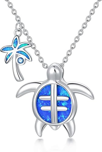 WINNICACA Sea Turtle Necklace Sterling Silver Blue Opal Turtle Necklaces for Wom