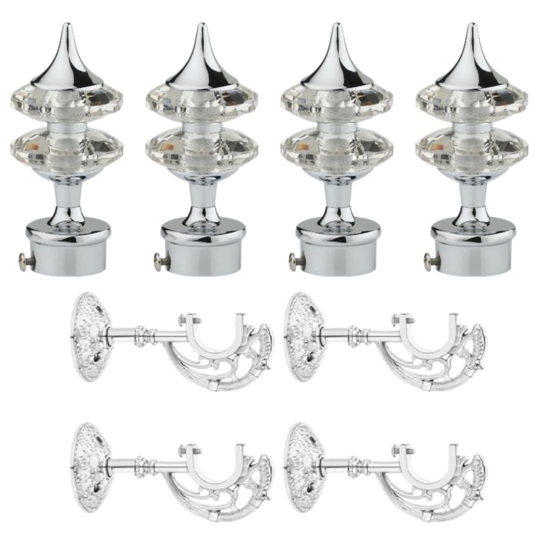 SPOTBIA® Diamond Finished Steel Curtain Bracket Parda Holder with Support 1 Inch Rod Decorative Chrome Finish Curtain Support for Window Rod Support Fittings (Silver) (Pack of 4)
