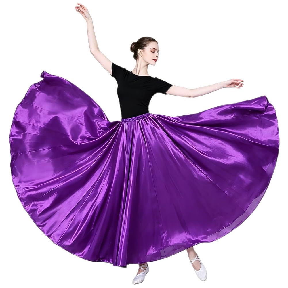 Leemiman Women's Purple Leemimen 360 Degree Shining Satin Belly Dance Skirt Long Skirts Dancer Practice Wear (Purple)
