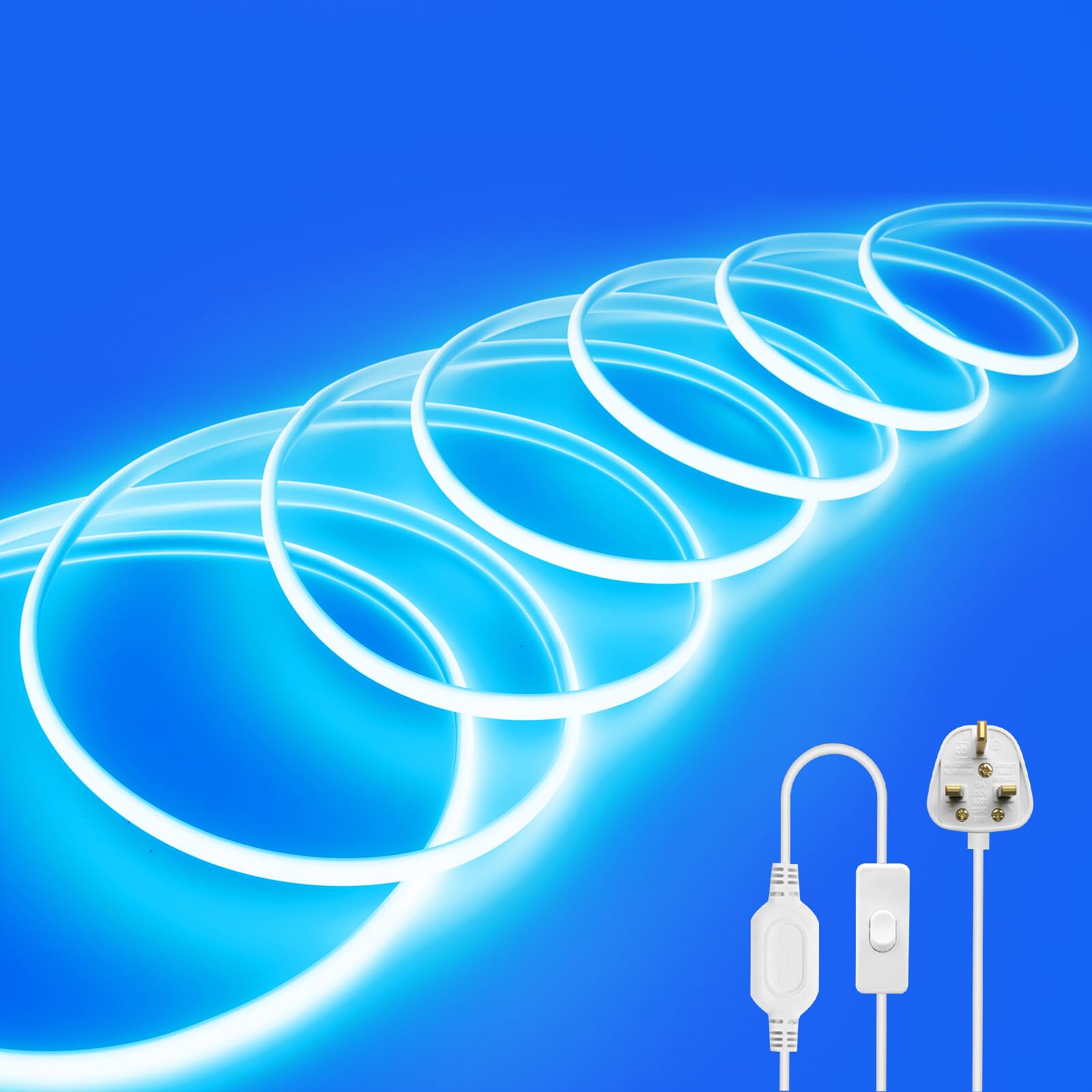 Wisada 220V COB LED Neon Light Strip with On/Off [2m, Ice Blue], IP65 Waterproof Flexible，288 LEDs/m Cuttable FCOB LED Rope Light, DIY Design, Home Store Decorative Light Strip