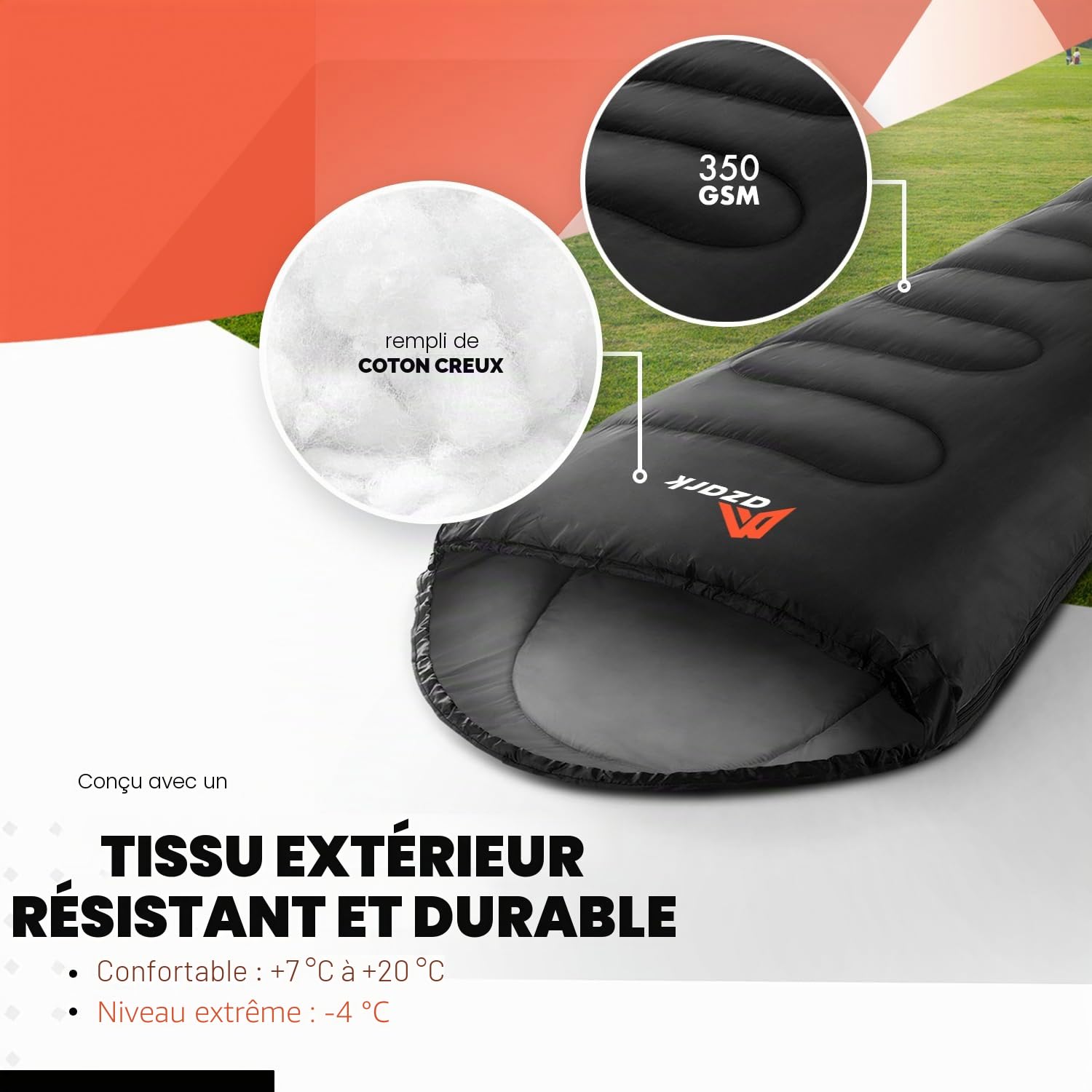 azark Sac de Couchage de qualité supérieure, 350 g/m², léger et imperméable, 4 Saisons de Camping, randonnée et Plein air, Sac de Couchage pour Adultes et Enfants