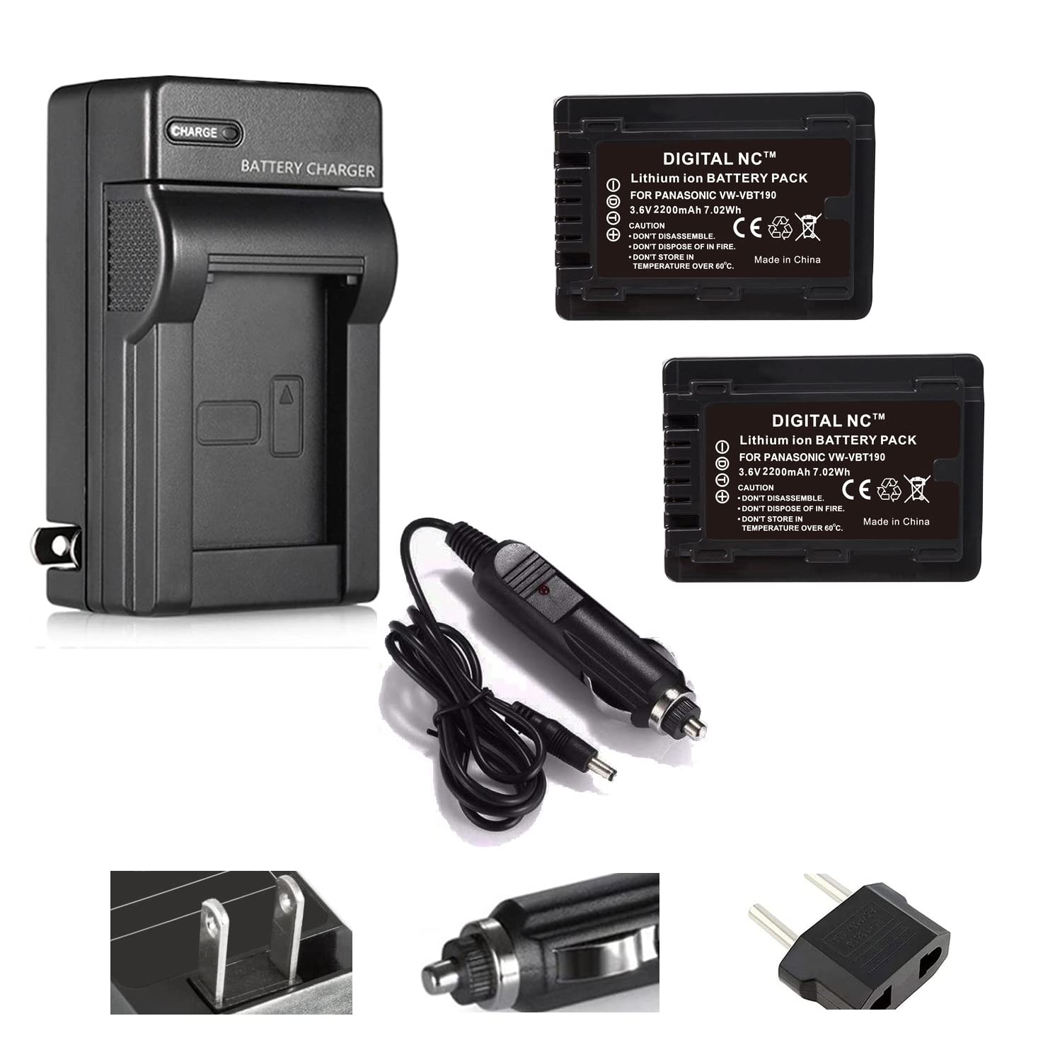VW-VBT190 High-Capacity Batteries (2 Pcs.) + Battery Charger Compatible with Panasonic Models HC-V77