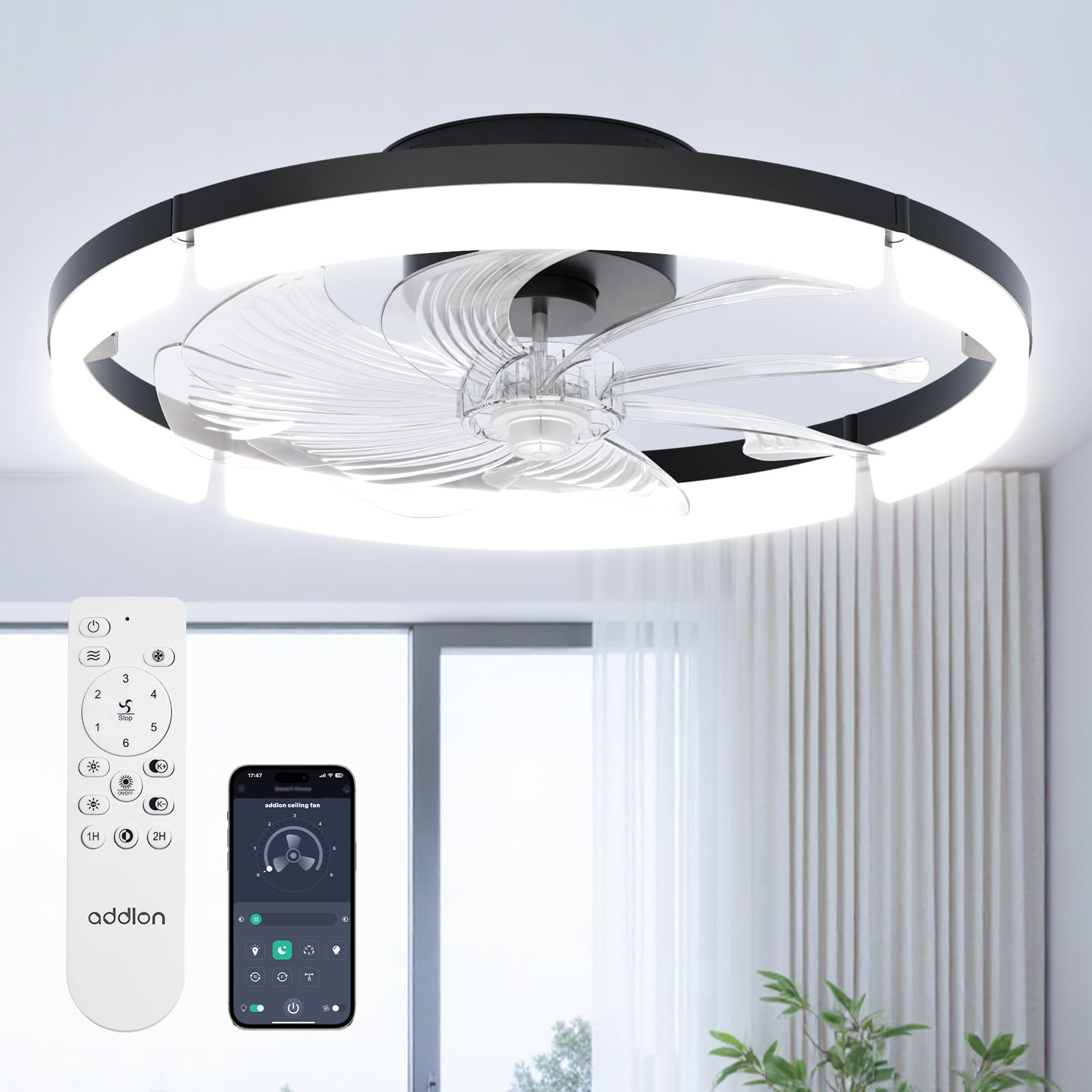 addlon 20" Low Profile Fandelier Ceiling Fans with Lights and Remote, Black