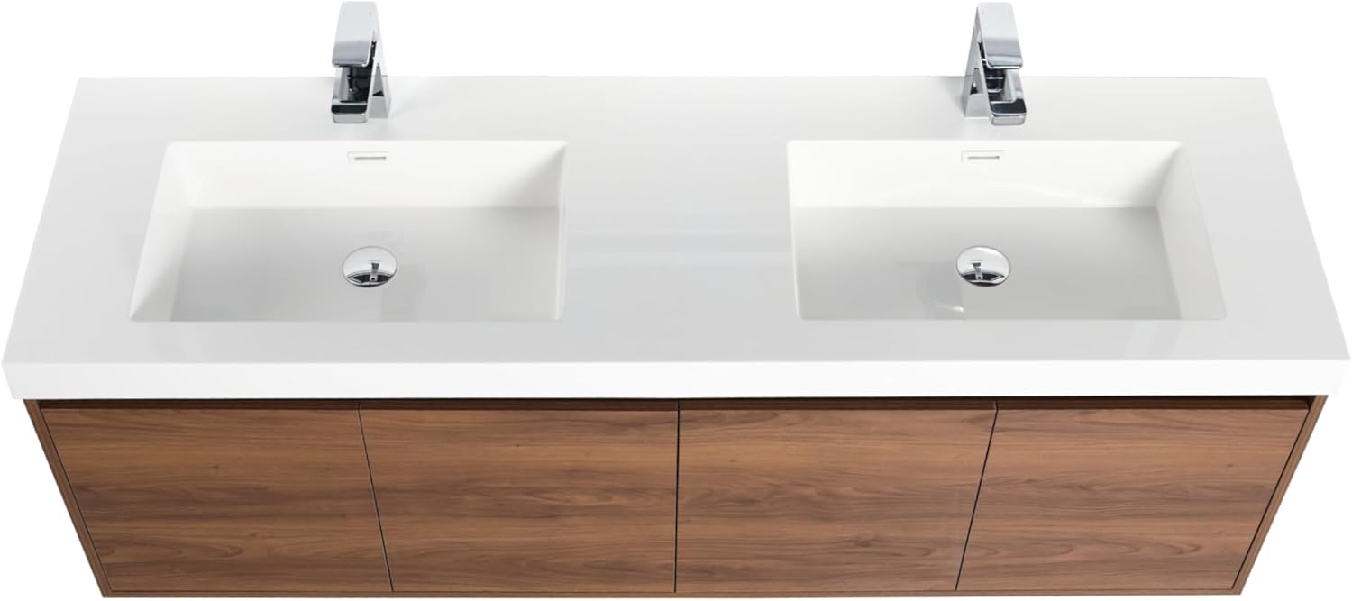 Blossom 60 Inch Floating Vanity Double Sink for Master Bath | Luxury Wall Mounted Bathroom Cabinet with Integrated Sinks | Professional-Grade Plywood & Pre-Assembled Design | Modern Walnut Finish