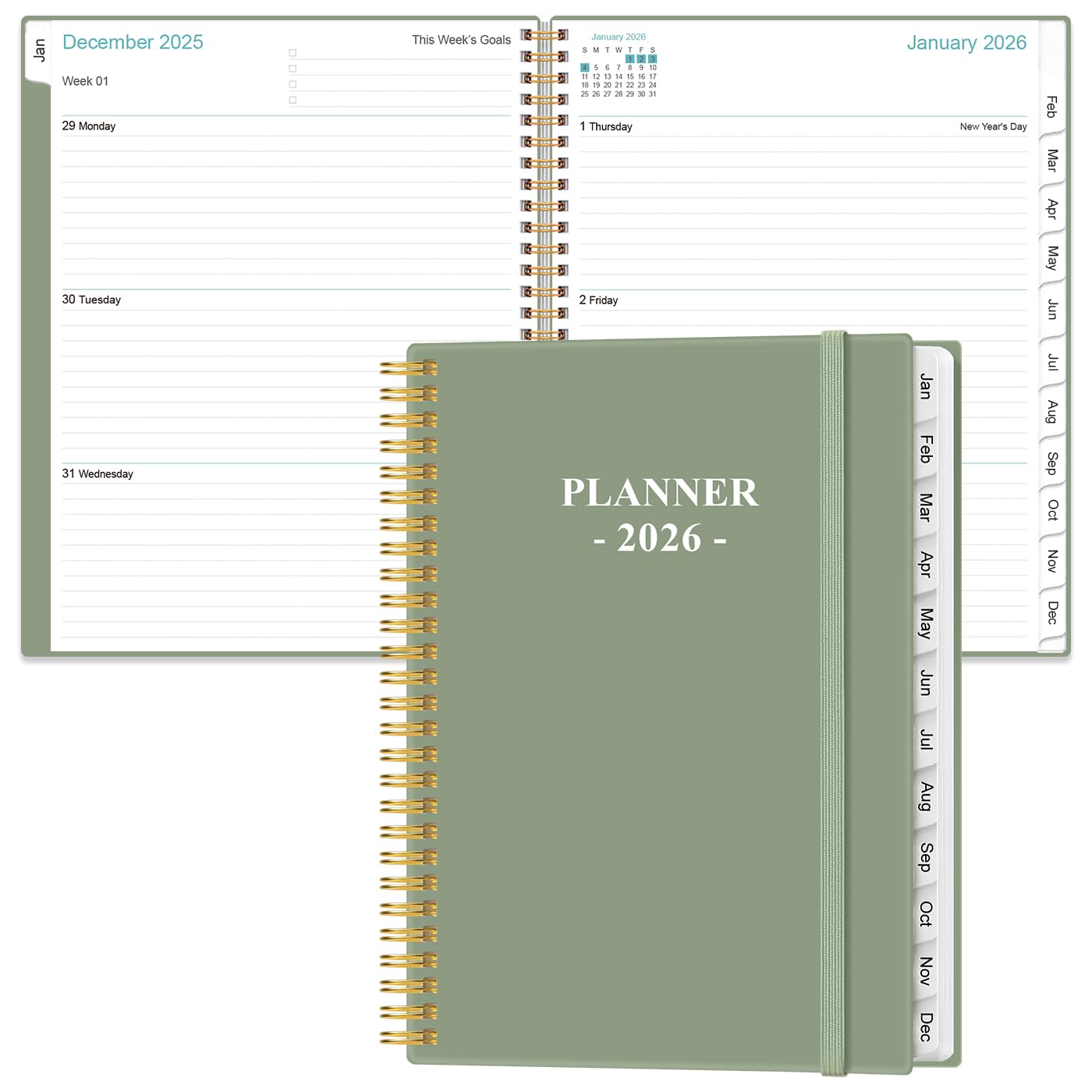 2026 Planner - 8.5" x 11" Weekly Monthly Planner from January 2026 to December 2026 with 12 Monthly Tabs, Inner Pocket, Elastic Closure, Green