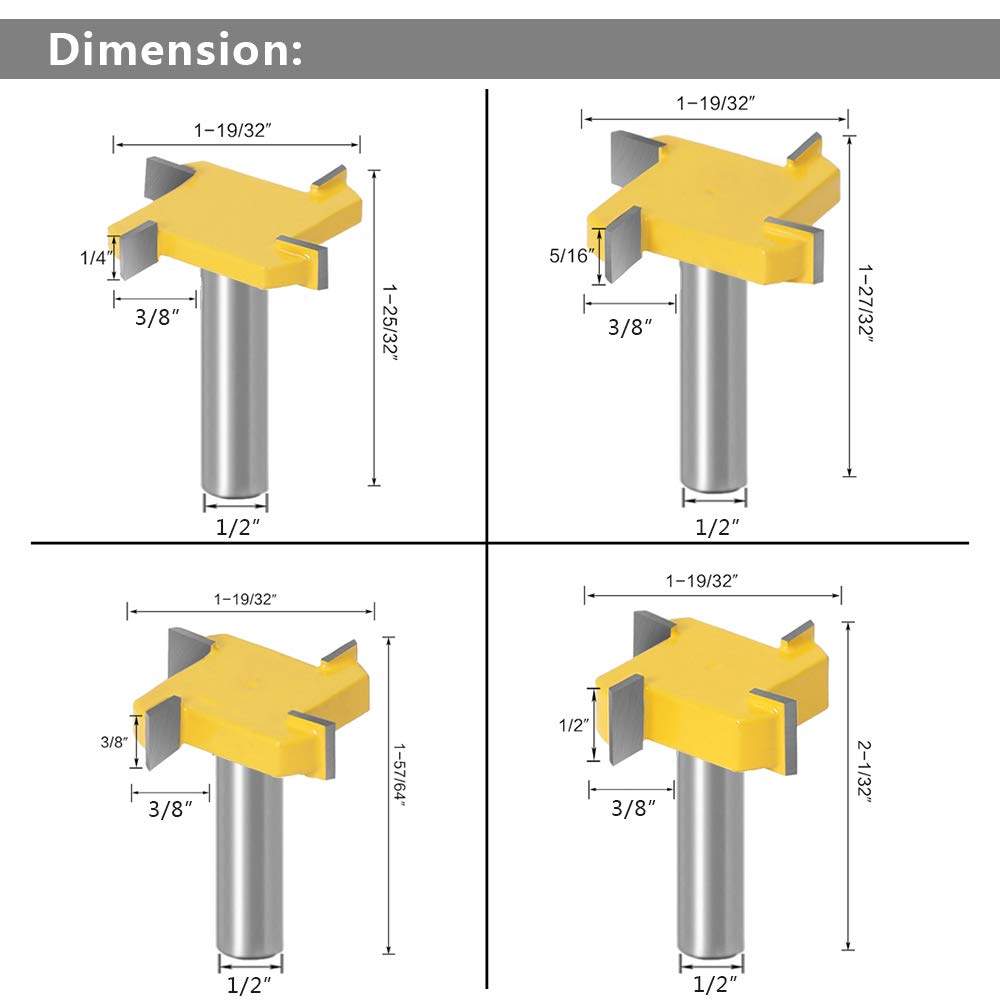 Yakamoz Lot de 4 fraises à rainurer avec tige de 1,27 cm à 4 ailes pour rainurage de surface de spoilboard