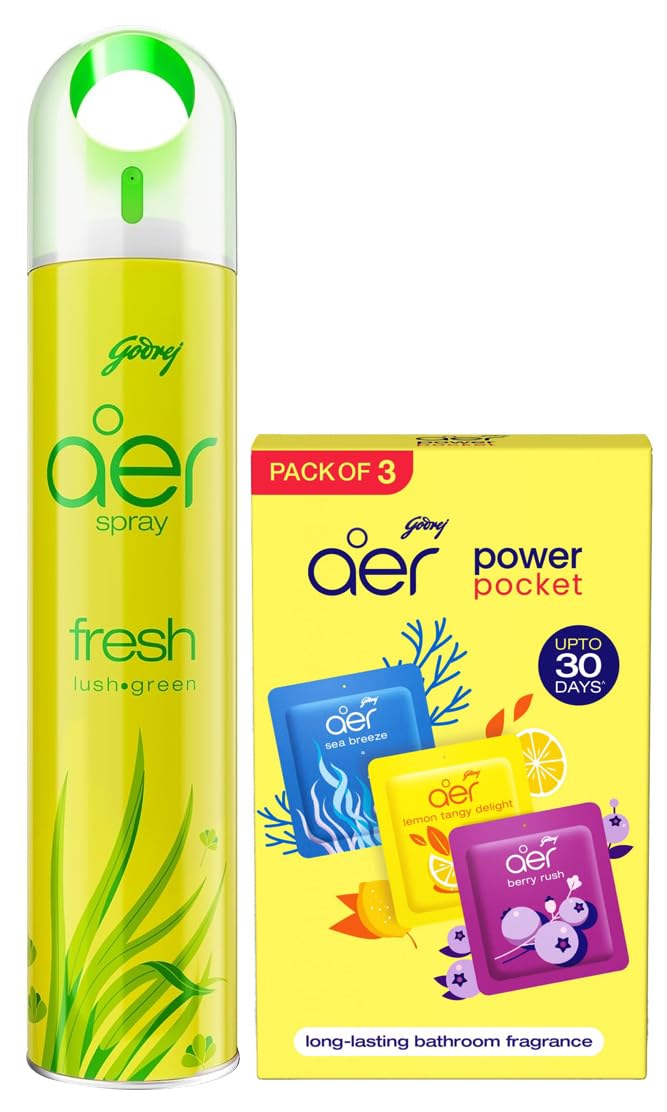 Godrej aer Power Pocket Bathroom Freshener – Assorted Pack of 3 (30g) & Godrej aer Spray Room Freshener for Home & Office – Fresh Lush Green (220 ml)