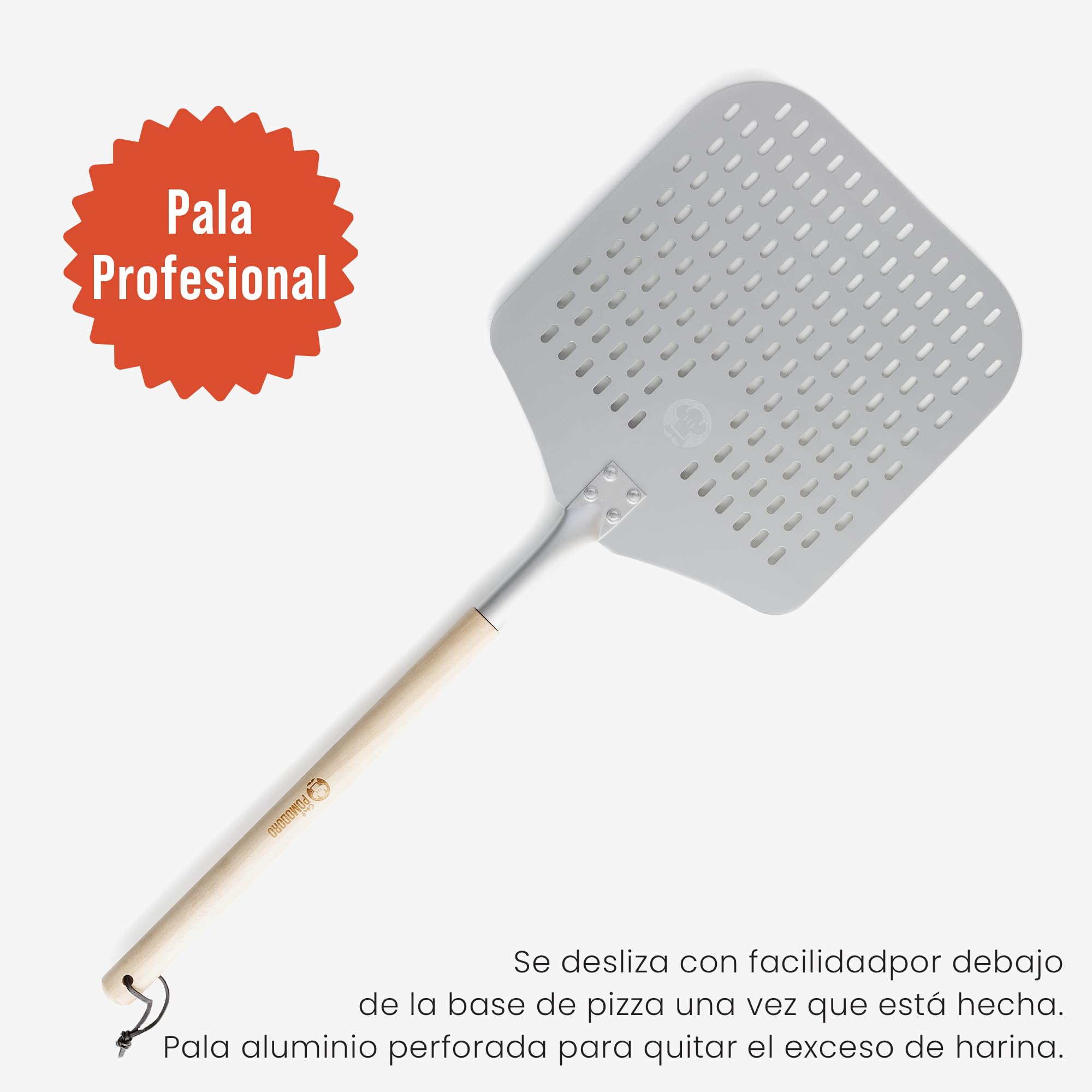 Chef Pomodoro Pala Pizza Horno Larga Perforada 30 x 36 cm, Pala para Pizza de Aluminio con Mango Extensible de Madera Desmontable de 124 cm para Fácil Almacenamiento, Accesorios Cocina Hogar Gourmet