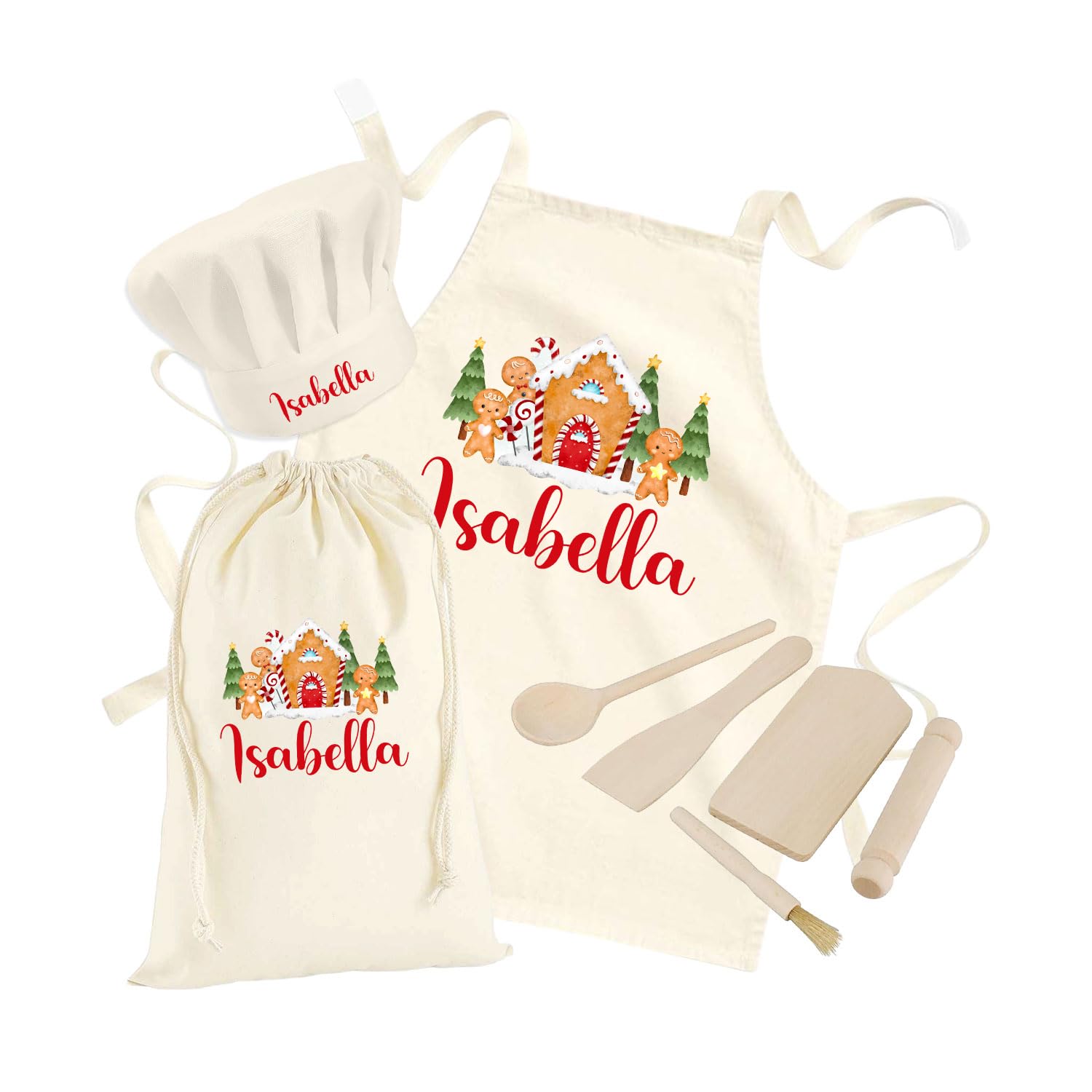 Personalised Christmas Apron Set Kids Xmas Cookie Baking Gift Toddlers Hat Rolling Pin Gingerbread Design Age 2-5 Years