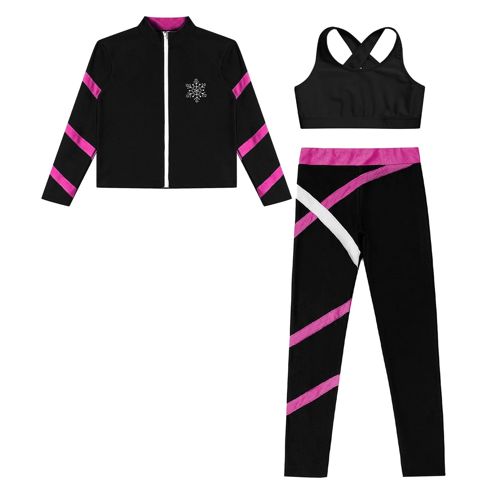 Abbigliamento Bambina Tuta sportiva da bambina for ginnastica, pattinaggio di figura, giacca a maniche lunghe con cerniera con gilet, leggings, allenamento, tuta fitness for yoga(Black Blue Green A,16