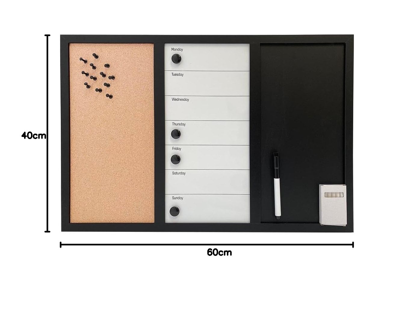 DisplayLager 3 in 1 Kombitafel, Magnettafel für Wochenplanung, Kork und Kreidetafel, inkl. 1 Marker, 4 Magnete, 12 Pins, 5 stk. Kreide (English, 40 x 60 cm)