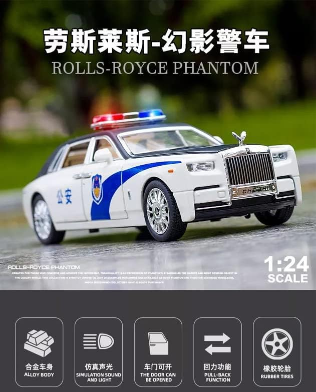 Image of Invite Enterprise Die-Cast Car 1:24 Rolls Royce Police Diecast Metal Pullback Toy Car With Openable Doors & Light, Music Boys Gifts Toys For Kids(1:24 Rolls Royce Phantom Police - White)
