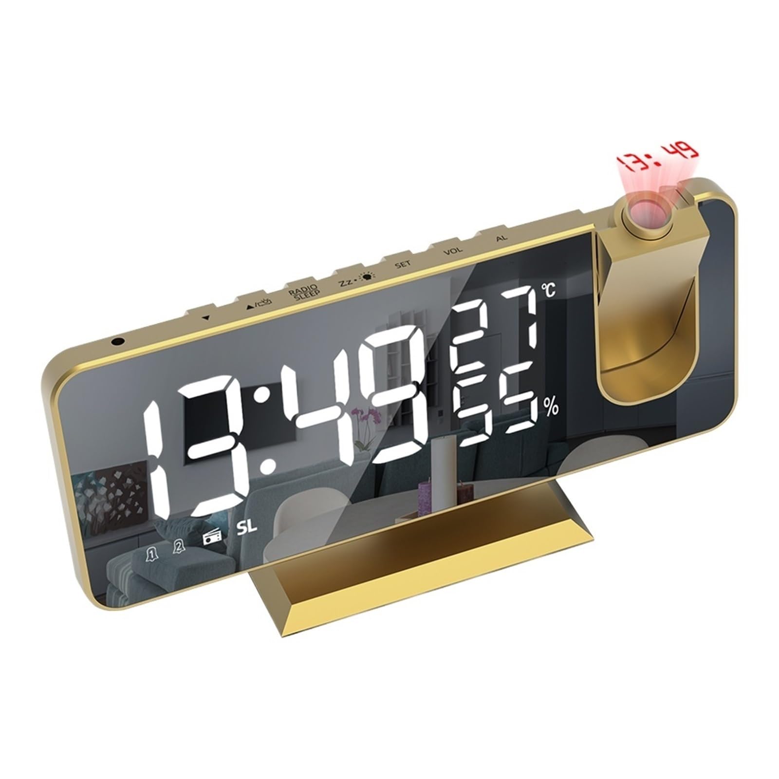 Projektionswecker Mit Um 180° Drehbarem Projektor, Nachttischwecker FM-Radio-Timing for Zuhause, Schlafzimmer, Büro Klare Projektion(Gold)