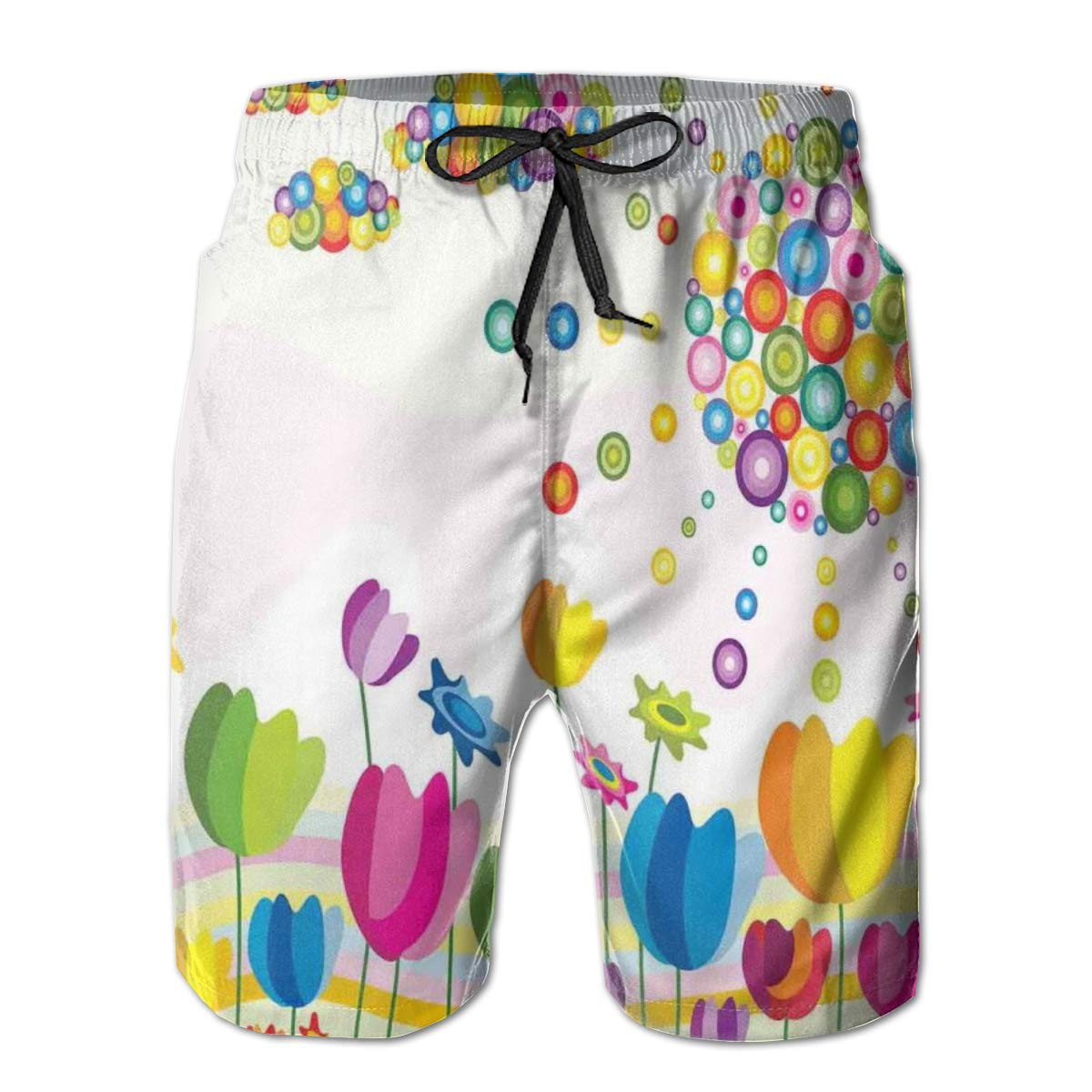 Men Swim Trunks Beach Shorts,Abstract Illustration of Flowers Sun and Clouds Summer Park Sunny Day Joy XXL