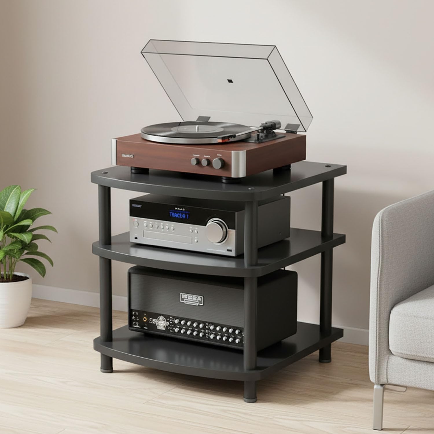 Supporto AV multimediale a torre regolabile in altezza, mensola per console di gioco TV, CD/giradischi stereo componente rack armadio per home cinema studio (3 livelli)