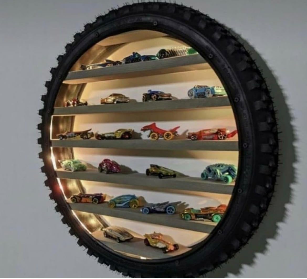 Apnatva 24 Inch Wooden Yellow Wall Hanging Lighting Tyre – Perfect for Home Decor, Hot Wheels Display, Kids’ Toys Stand & Birthday Gift (Without Toys)-image-26