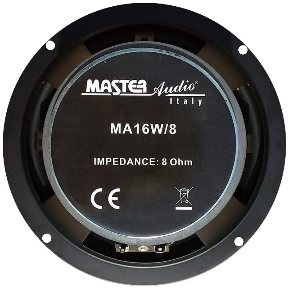 1 MASTER AUDIO MA16W/8 MA 16W/8 woofer professionale 16,50 cm 165 mm 6,5" 150 watt rms e 300 watt max 8 ohm 91 db sospensione in gomma, 1 pezzo