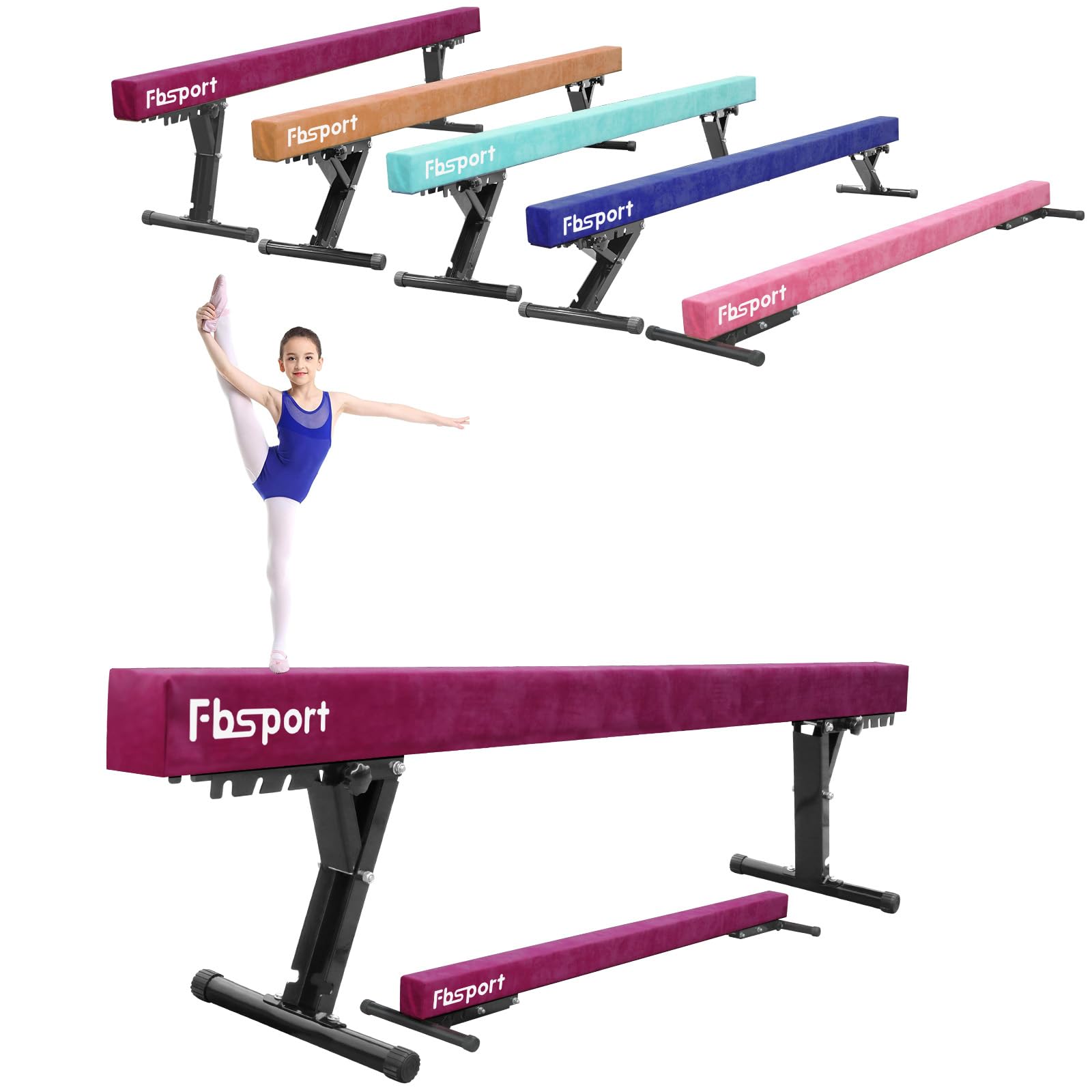 FBSPORT Poutre d'équilibre de Gymnastique réglable de 244 cm, 5 hauteurs réglables, Poutre de Sol Haute et Basse, très Stable, équipement d'entraînement pour Enfants