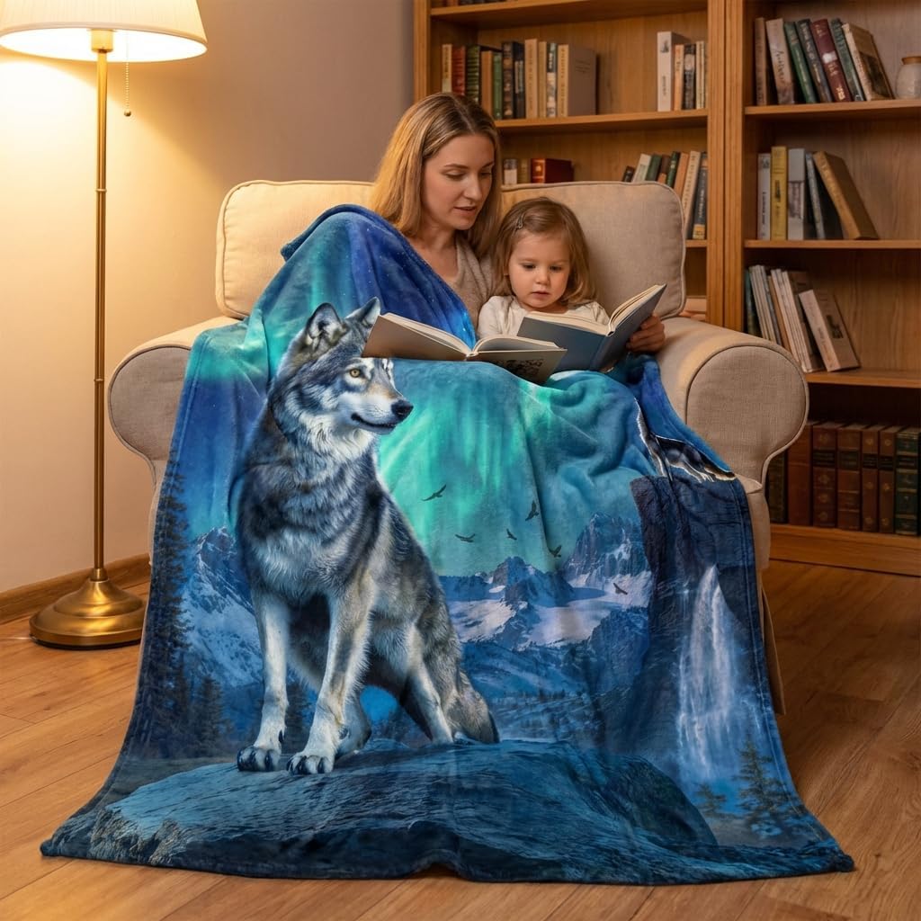 Wolf Blanket for Kids 50"x 60", Moon Forest Mountain Throw Blanket, Wolf Gifts for Women Men, Blue Teal Soft Cozy Lightweight Flannel Throws Blankets for Couch Bed Sofa Chair Decor - Image 3