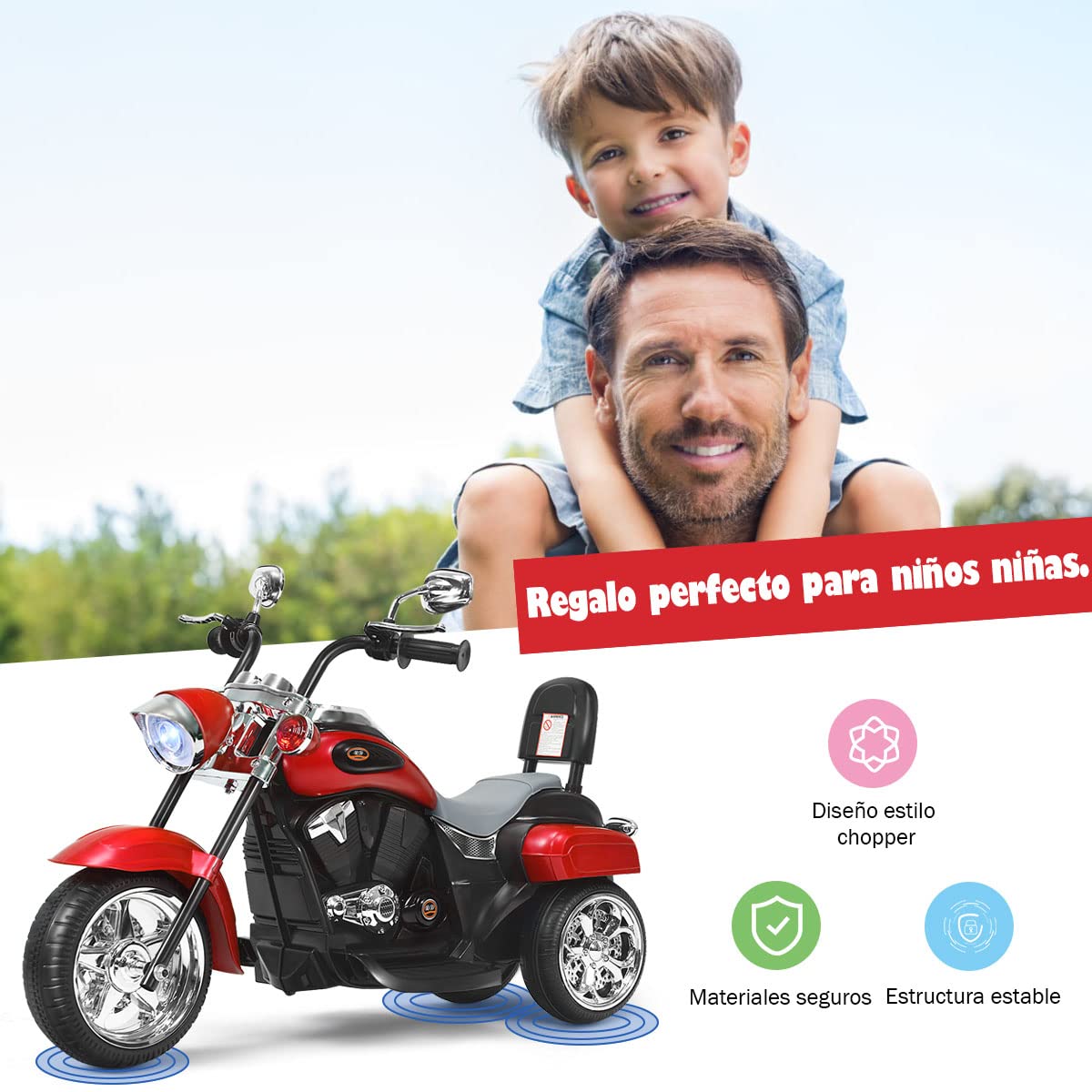 COSTWAY Moto Electrica Niños, Motocicleta Eléctrica 6V para Niños, 91 x 48 x 64 cm, Moto Montable de Batería con Marcha Adelante y Atrás, Faros Regulables, Diseño Llamativo (Rojo)