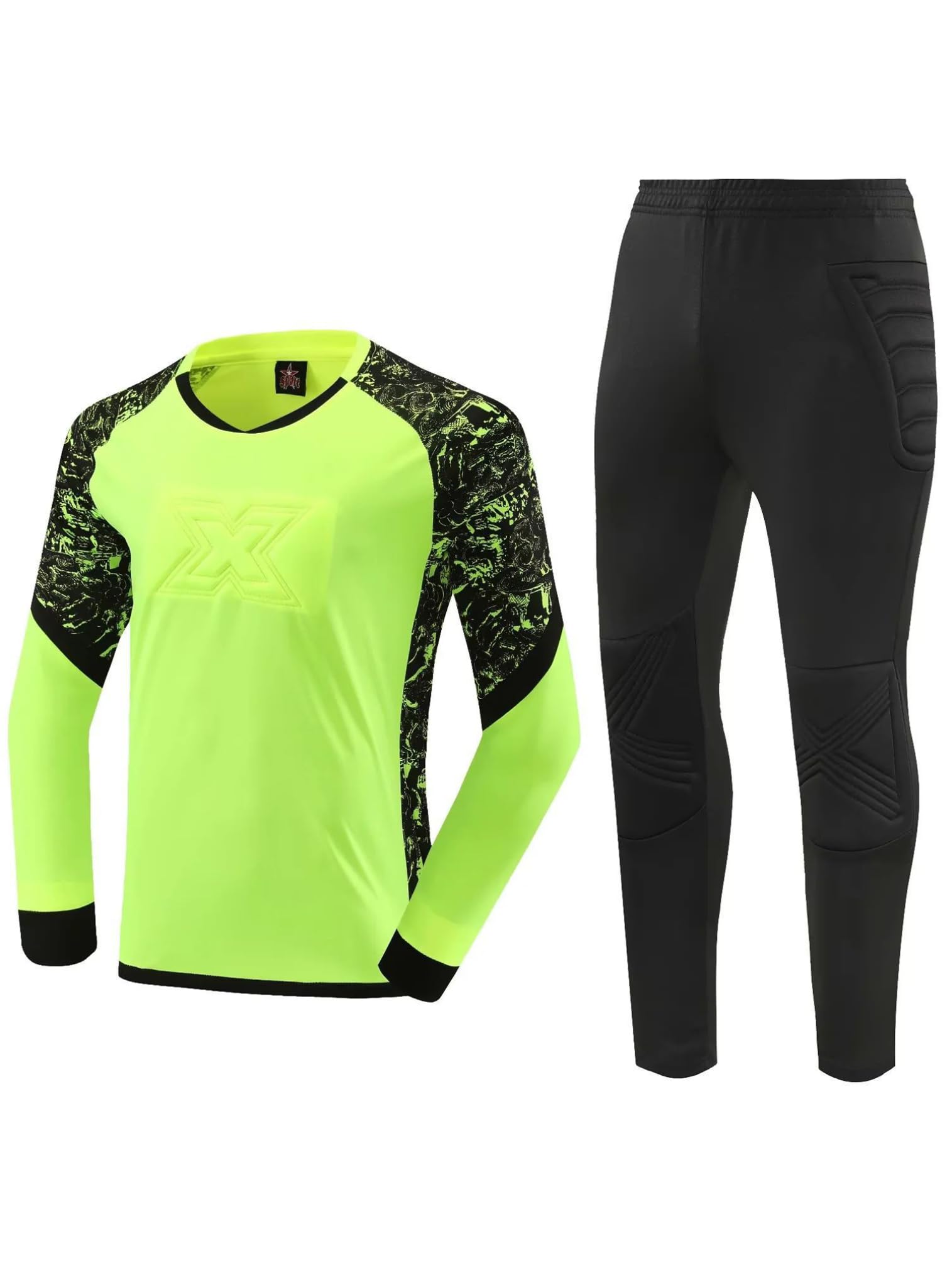 easyforever Kids Boys Soccer Jersey Football Goalie Protective Padded T-shirt with Pants Goalkeeper Training Outfit Fluorescent Green 13-14 Years