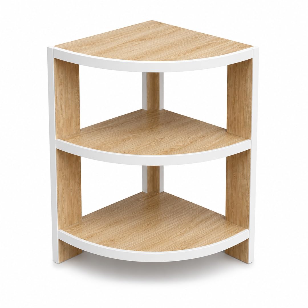 3-Tier Corner Shelf, 61 x 41 x 41 cm, Natural Wood & White | Particle Board, Moisture Resistant, Easy to Assemble, Curved Front Design, Living Room & Bedroom-image-24