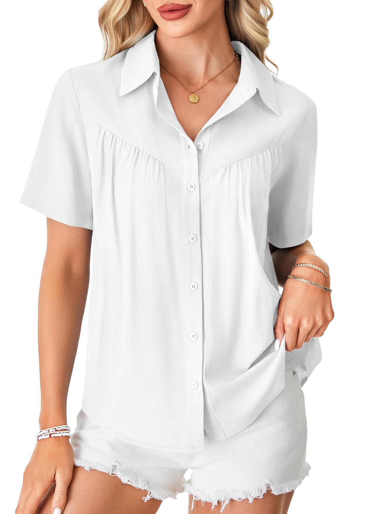 LYANER Women's Ruched Collared Neck Short Sleeve Button Down Loose Fit Office Blouse