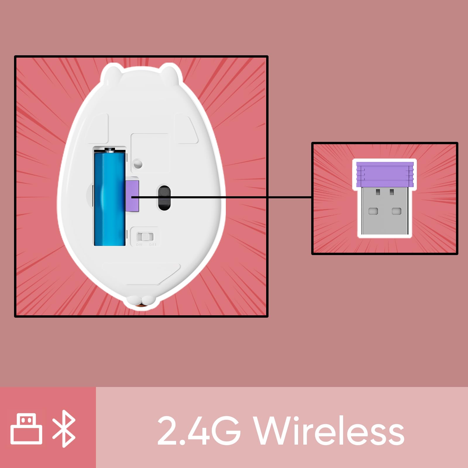 Akko Cat Theme Wireless Gaming Mouse Pink, Tri-Mode Mouse BT3.0/BT5.0/2.4G, Cute Optical Cordless Cartoon Mice for Computer/Laptop/Desktop/PC, Compatible with Mac/Win (Pink Angie) - 3