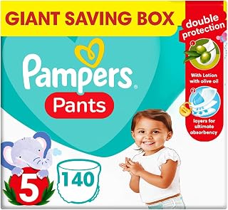 Pampers Baby Dry Pants Diapers Case, size 5, 12-18 kg, with Lotion with Olive Oil, 140 baby Diapers