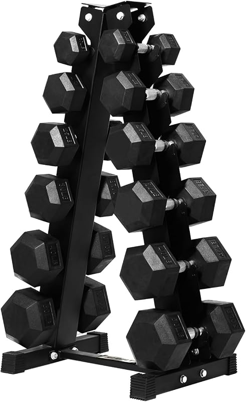 Rubber Hex Dumbbell Set with Storage Weight Rack | Rubber Heavy-Duty Coated Cast Iron, Knurled Chrome Handle, Space-Saving Storage for Home Gym Strength Training
