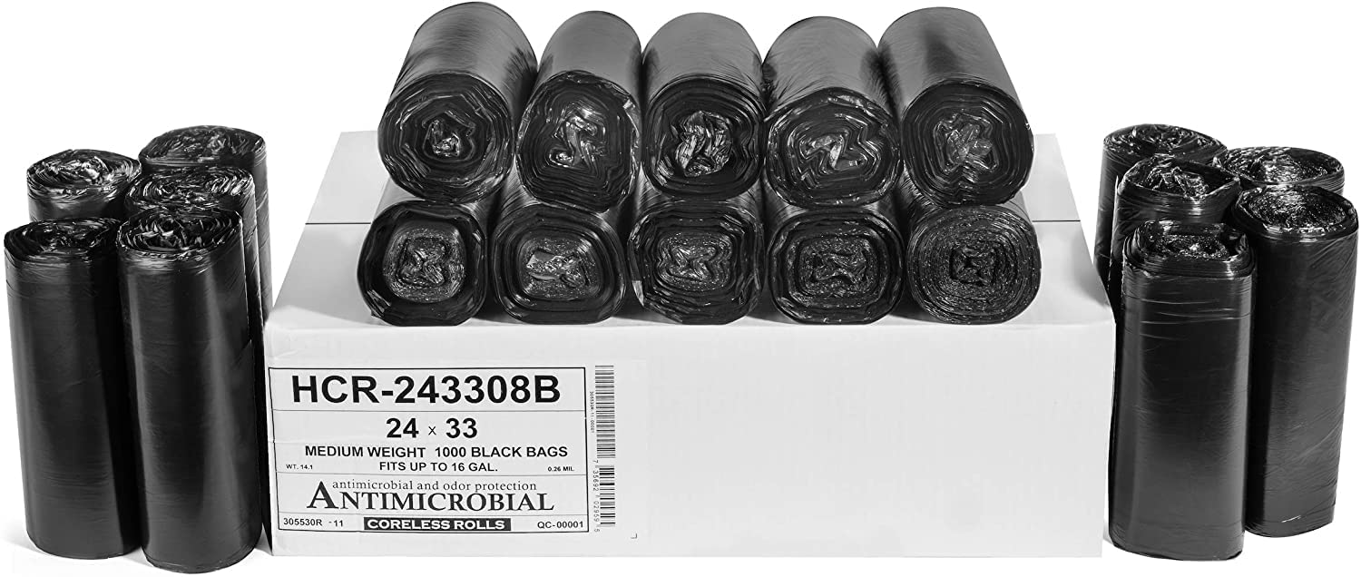 Aluf Plastics 12-16 Gallon Black Trash Bags (1000 Count) - 24" x 33" - 8 Micron Equivalent High Density Value Garbage Bags for Bathroom,Recycling(1 Pallet of 100 Cases, 100000 Bags Total)