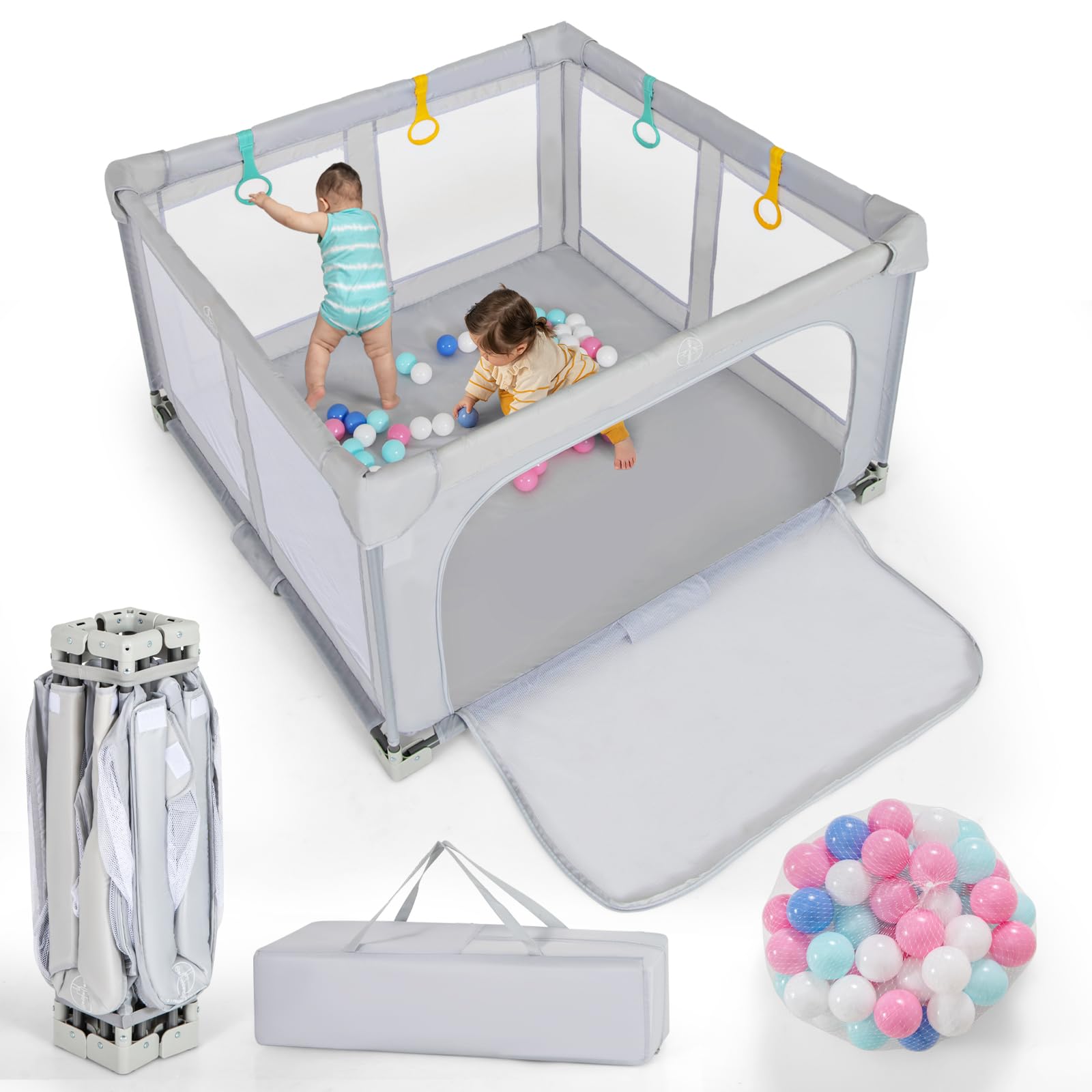 RELAX4LIFE Parque Infantil Bebe 127 x 127 cm con 4 Anillas y 50 Bolas Oceánicas, Corralito Bebe con Bolsa de Trasnporte, Puerta con Cremallera, Parque de Juegos para Niños de 0-3 Años (Gris)