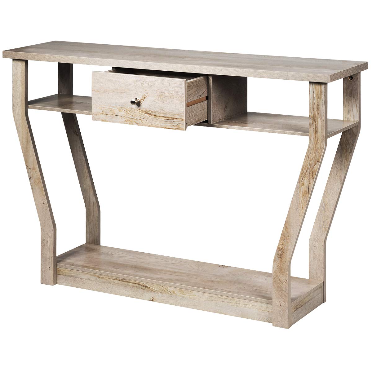 GIANTEX Mesa Consola Estrecha de Madera con Cajón, 120 x 30 x 81 cm, Mesa Auxiliar con Estante Inferior y 2 Estantes Abiertos Laterales, Mueble Recibidor para Entrada, Salón (Gris)